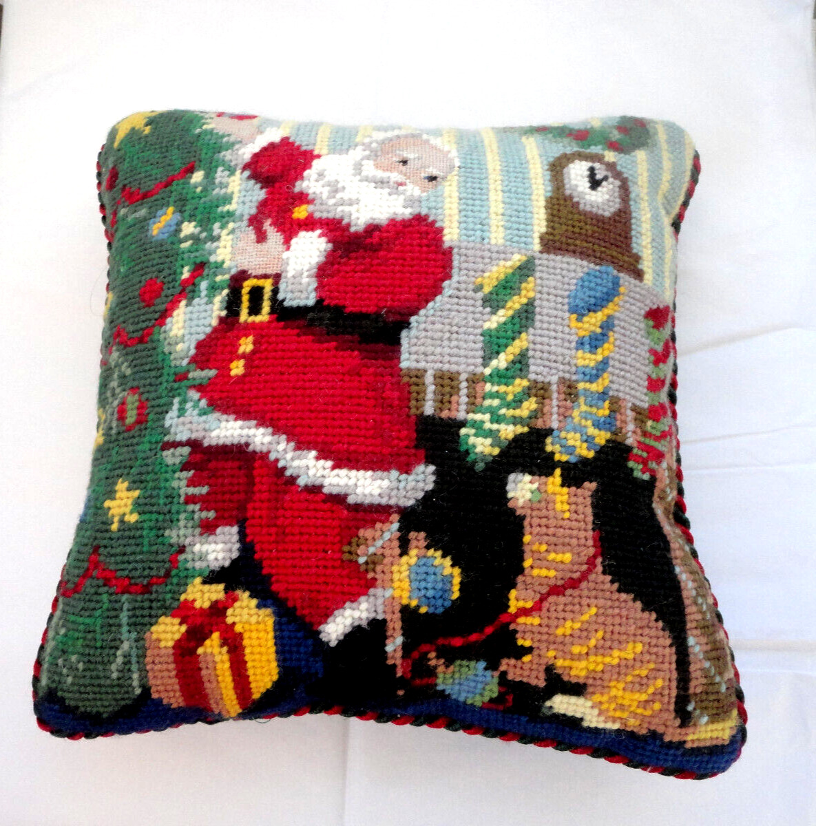 Sweet little vintage needlepoint pillow SANTA CLAUS trimming the Christmas tree