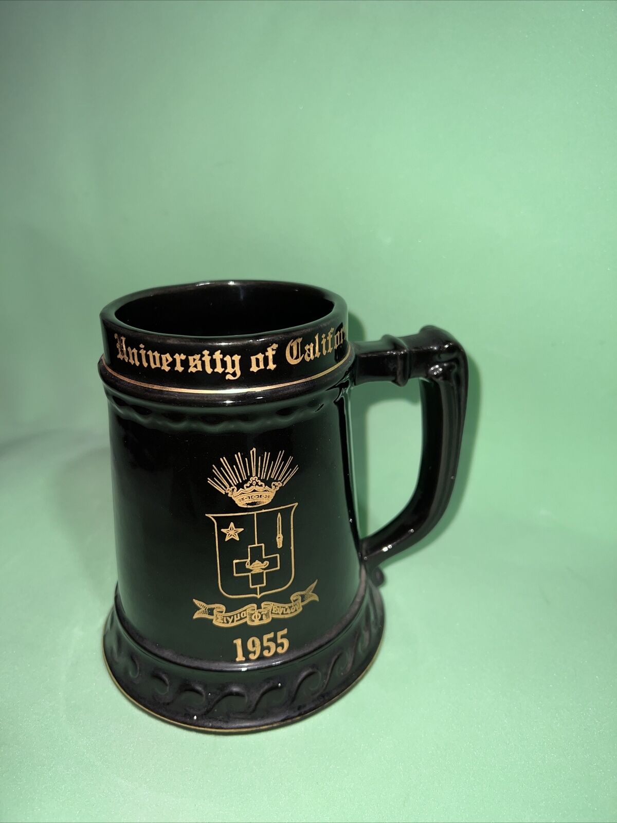 Vintage University of California Ceramic Stein Large Black Mug 1955 SBC TOULOUSE