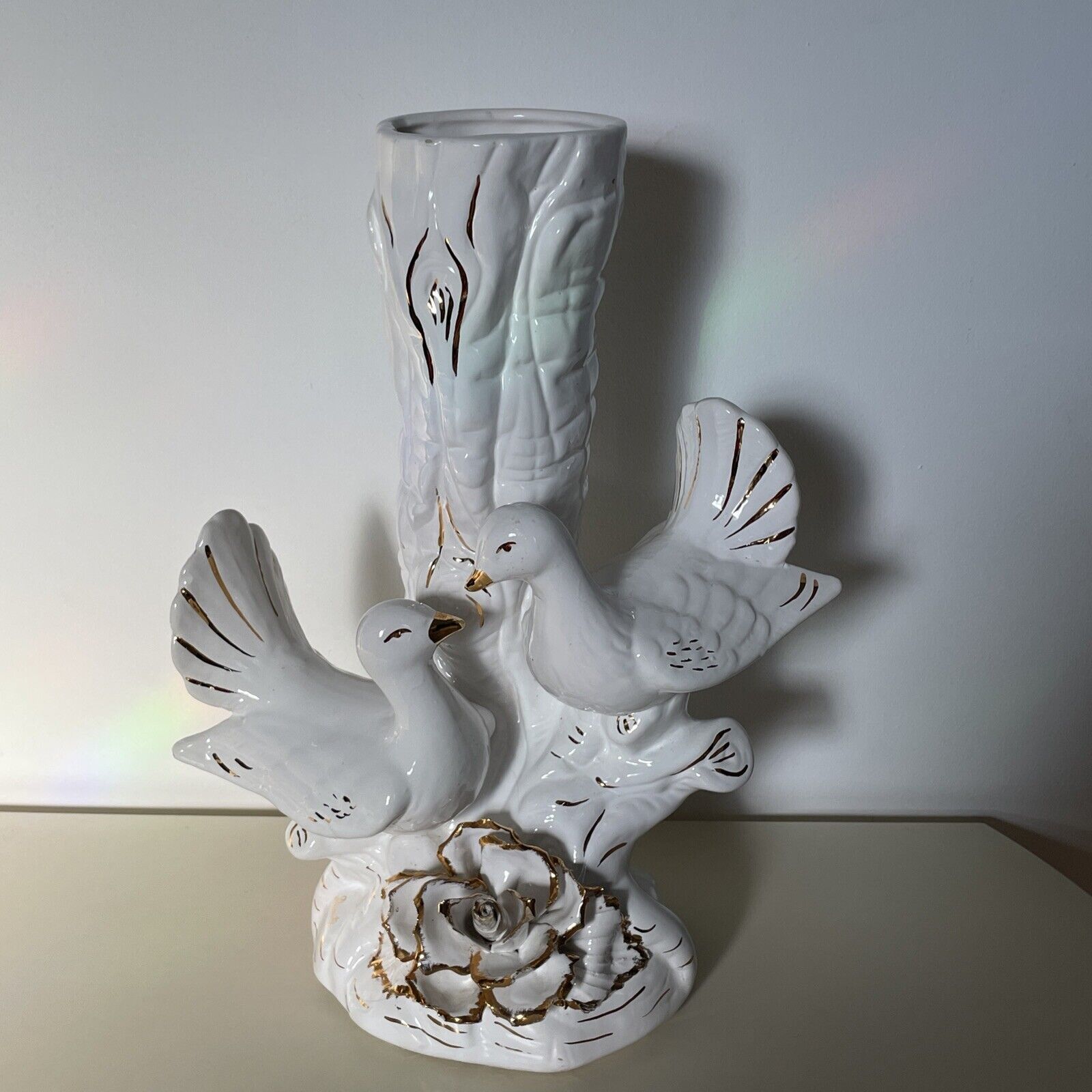 VTG Disanty 24k Gold Detail Decor on White Ceramic Large Vase With Two Doves