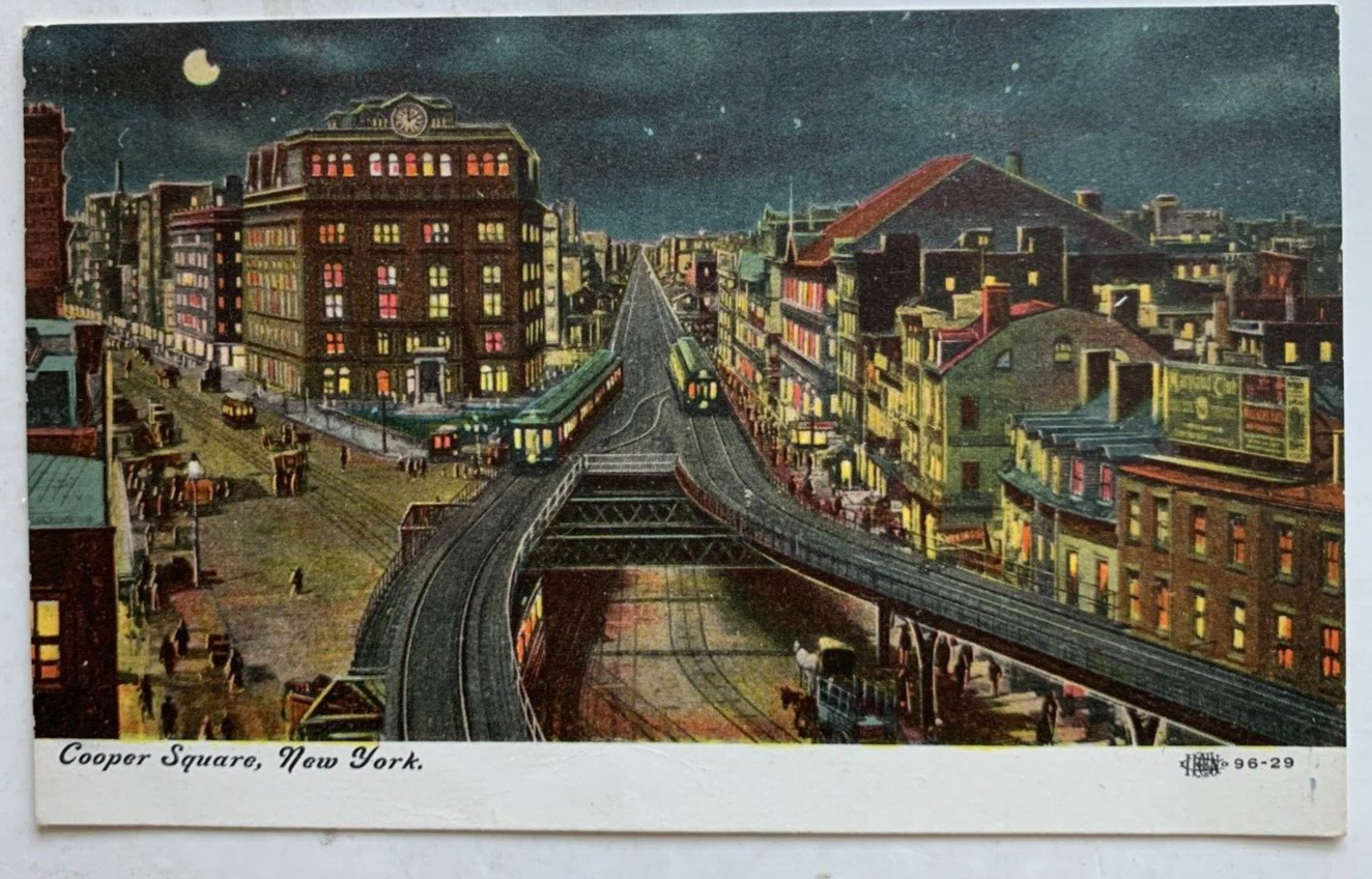 c 1900s NY Postcard New York City NYC Cooper Square Night View elevated RR train
