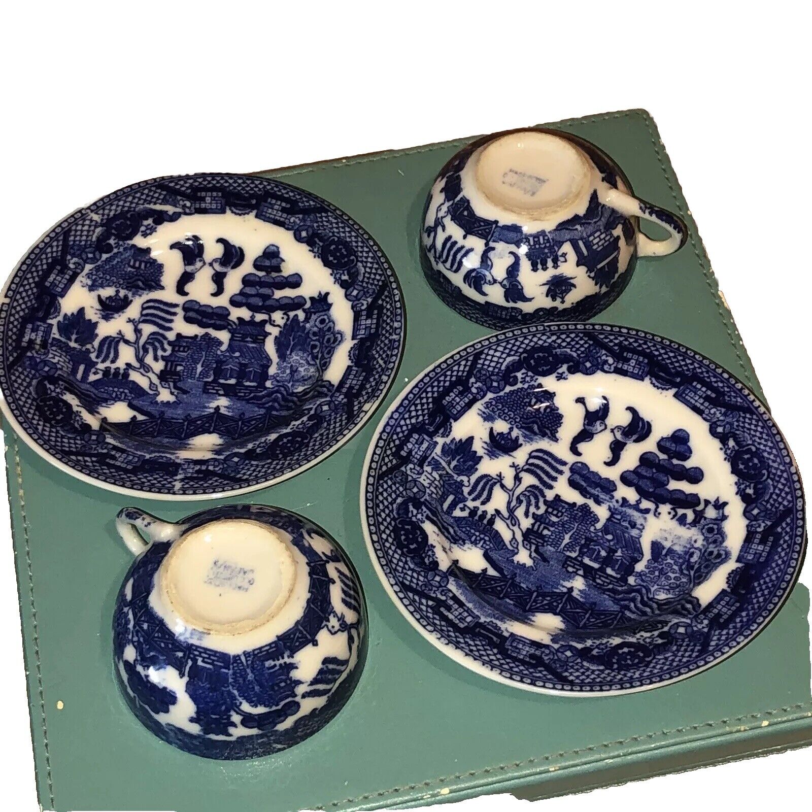 Vintage Ceramic Miniature ￼Blue Willow 2 Tea Cups and Saucers JAPAN Set / 2 Fun