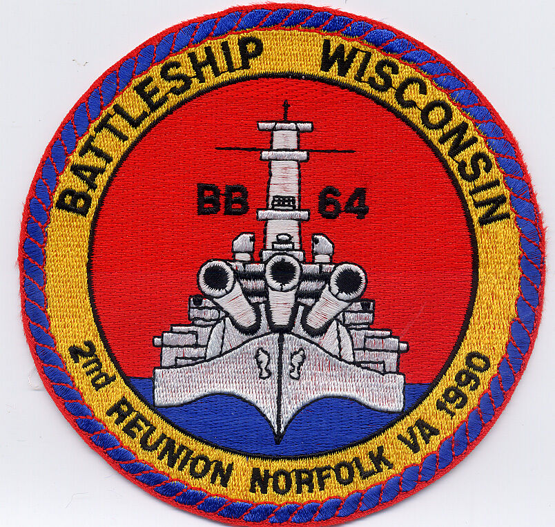 USS Wisconsin BB 64 - 2nd Reunion Norfolk VA 1990 BC Patch Cat. No. B856