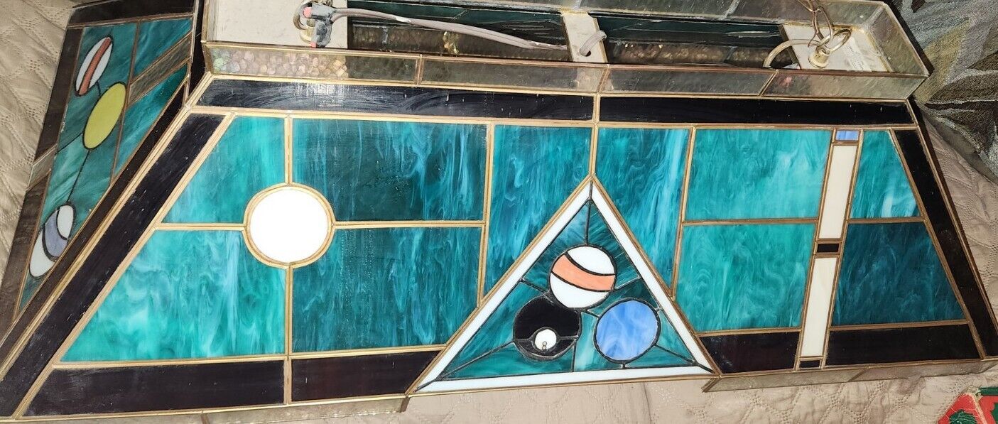 Vintage POOL TABLE LIGHT Stained SLAG Glass Green+ MULTI COLOR 40 X 19\