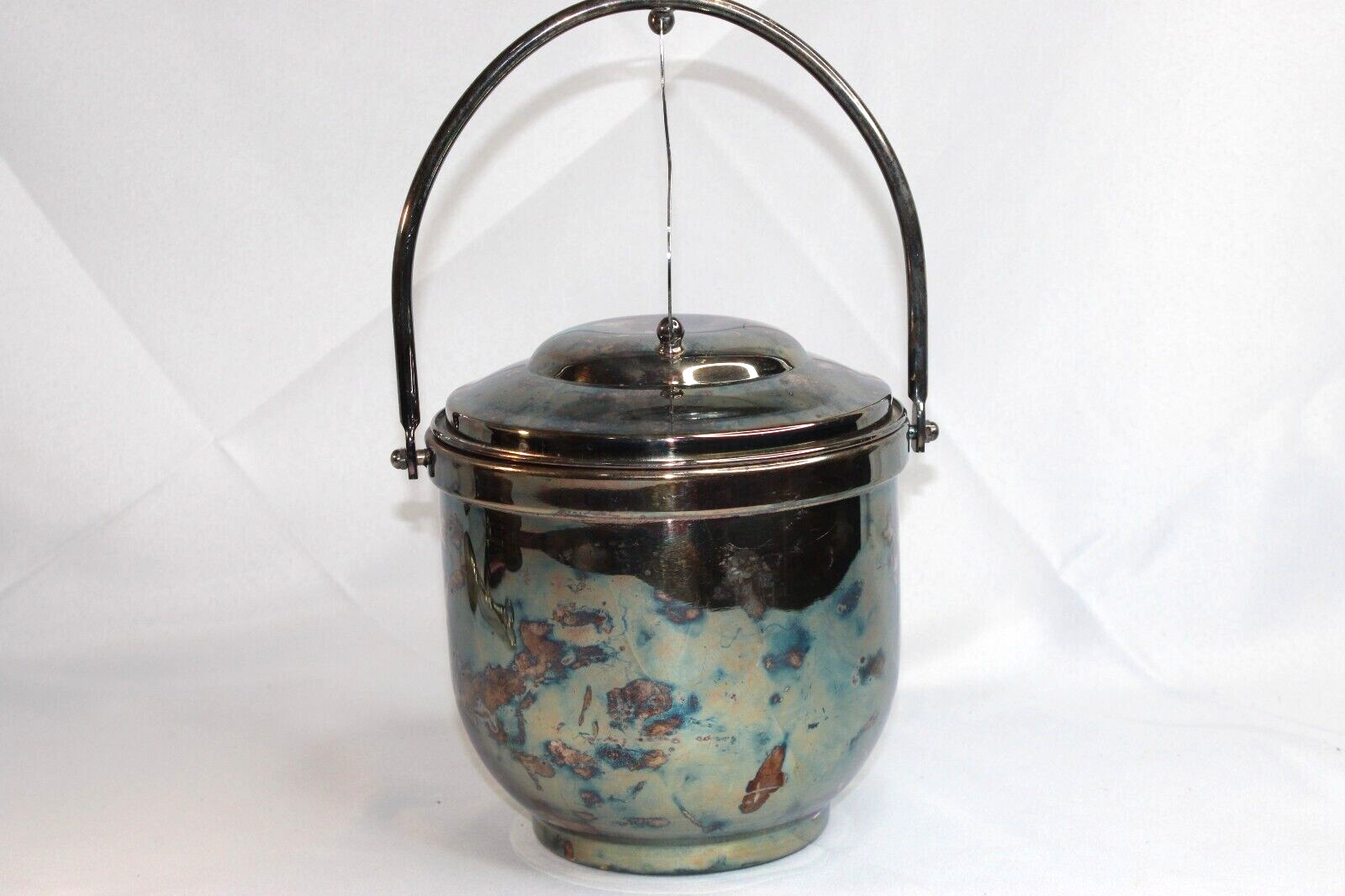 Vintage Antique Silverplated Newport Swing Top Ice Bucket Milk Glass Interior