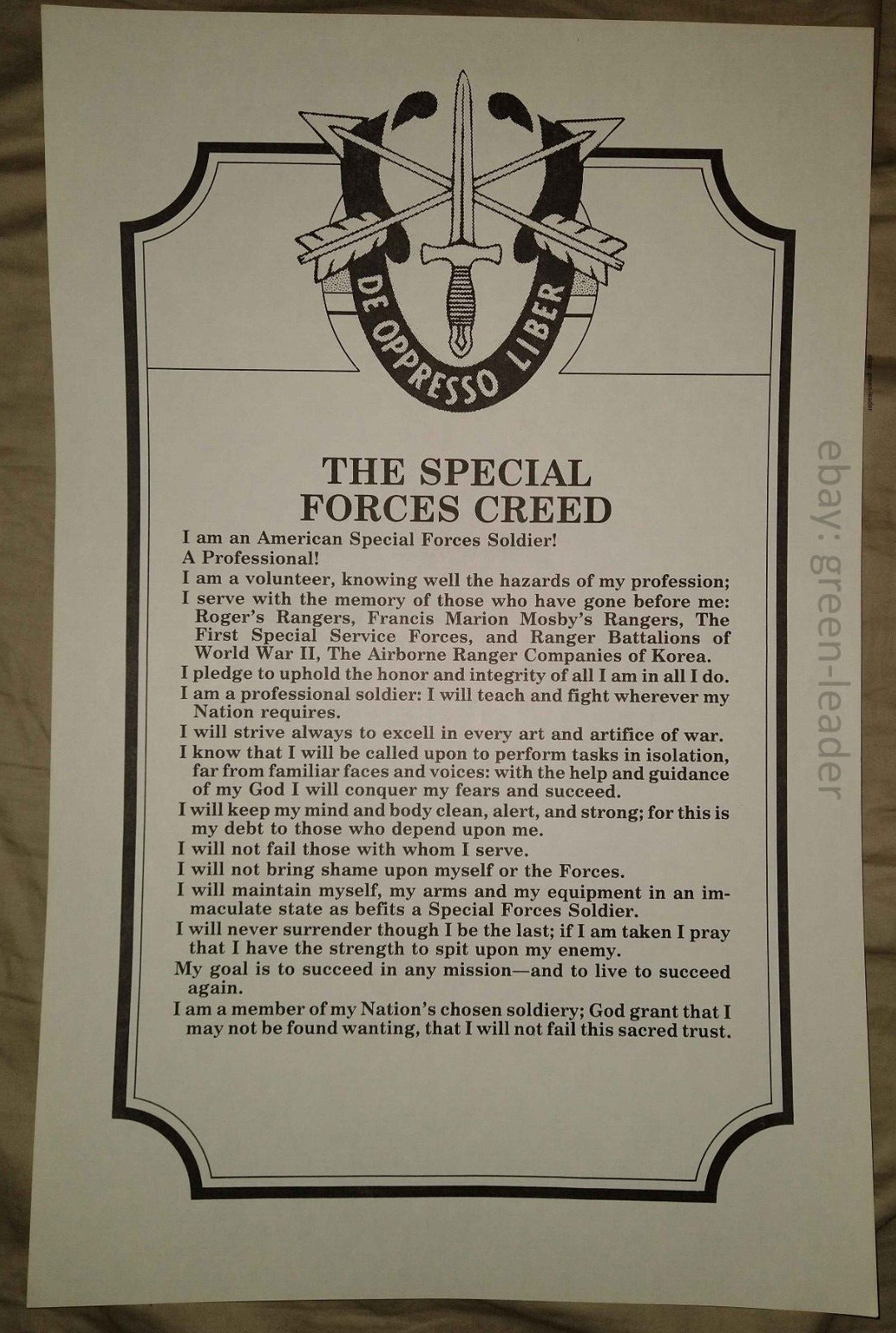Vintage Special Forces Creed Poster. Cold War Era.