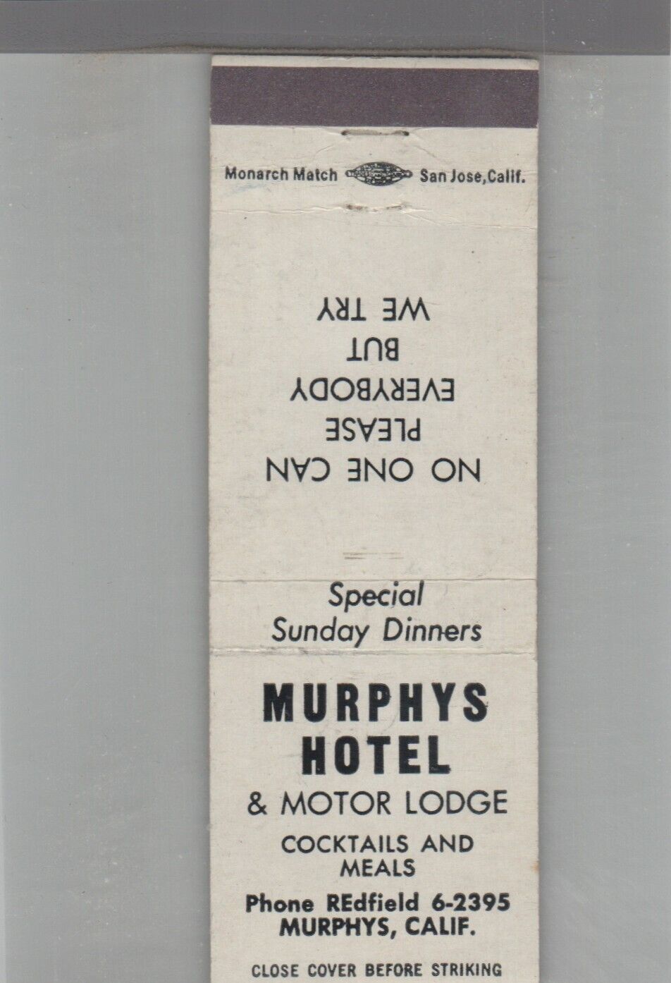 Matchbook Cover Murphy's Hotel Murphy's CA