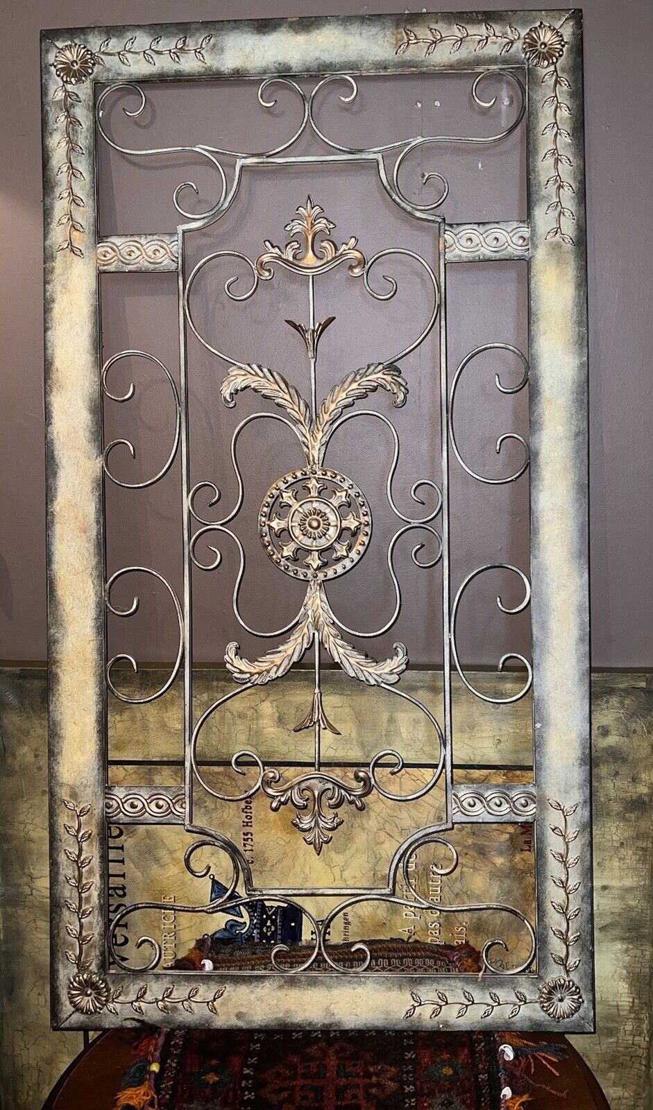 Elegant Vintage Iron Wall Panel with Intricate Scrollwork 52 × 28 × 0.5