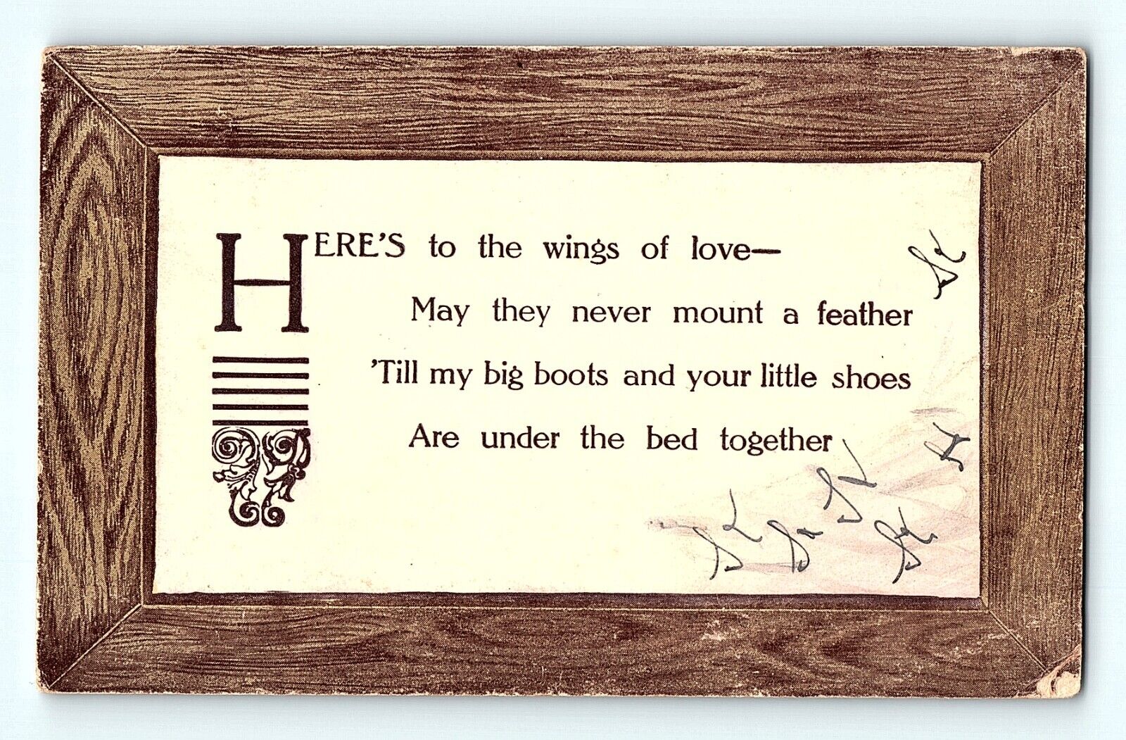 Wings of Love Poem Faux Wood Grain Border Vintage Postcard E5