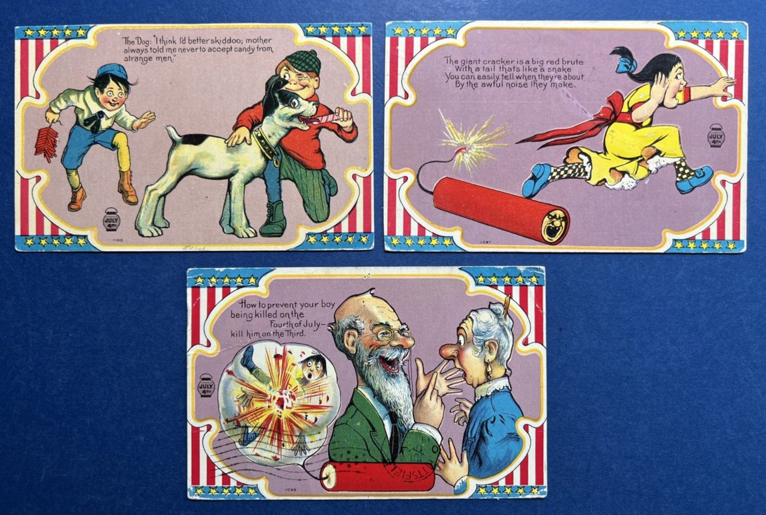 SET 3 Fourth of July Antique Patriotic Postcards. Series #1. 1908.Humor/Comic
