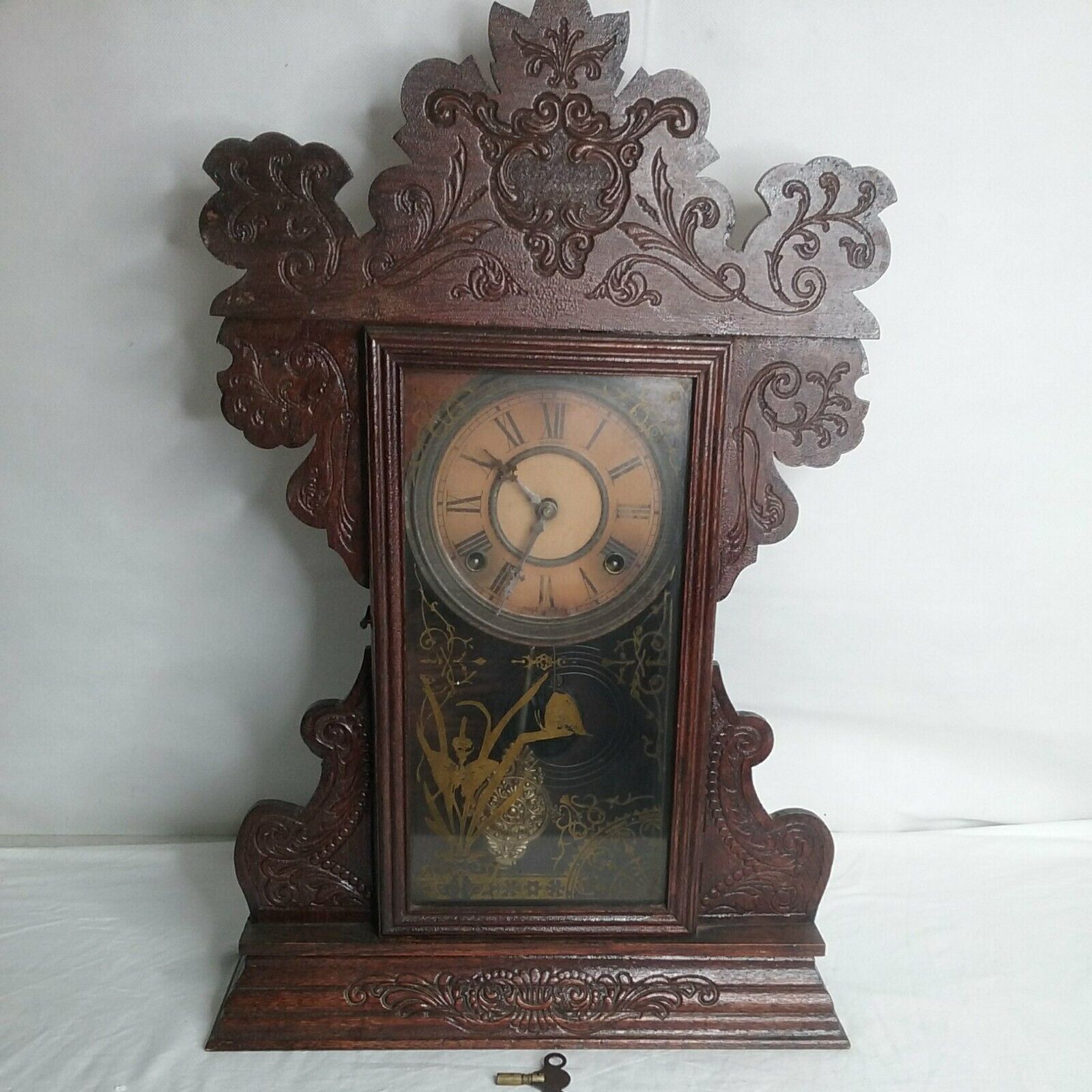 Antique Session Oak Carved Mantle Clock With Key WORKING Great Condition