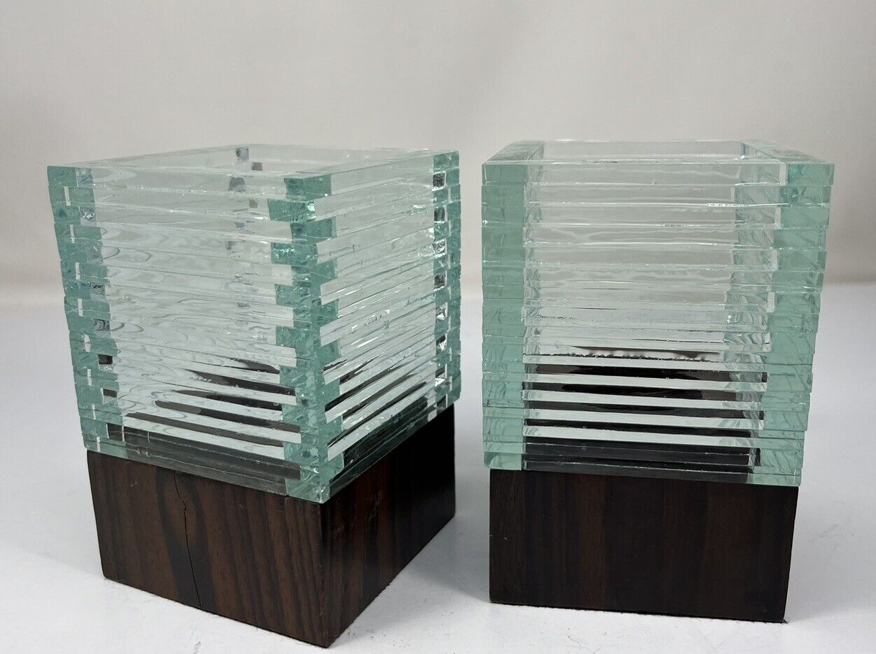 2 Modern Style Stacked Glass Candle Holders With Wood Base Preowned 