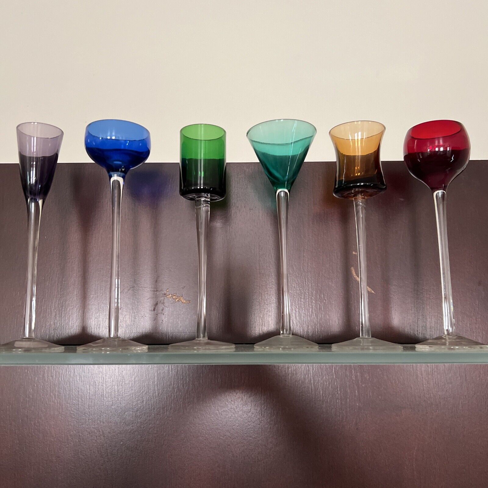 Vintage Cordial Long Stem 7” Coloured Liquor Shot Glasses MCM Bar Shots Set If 6