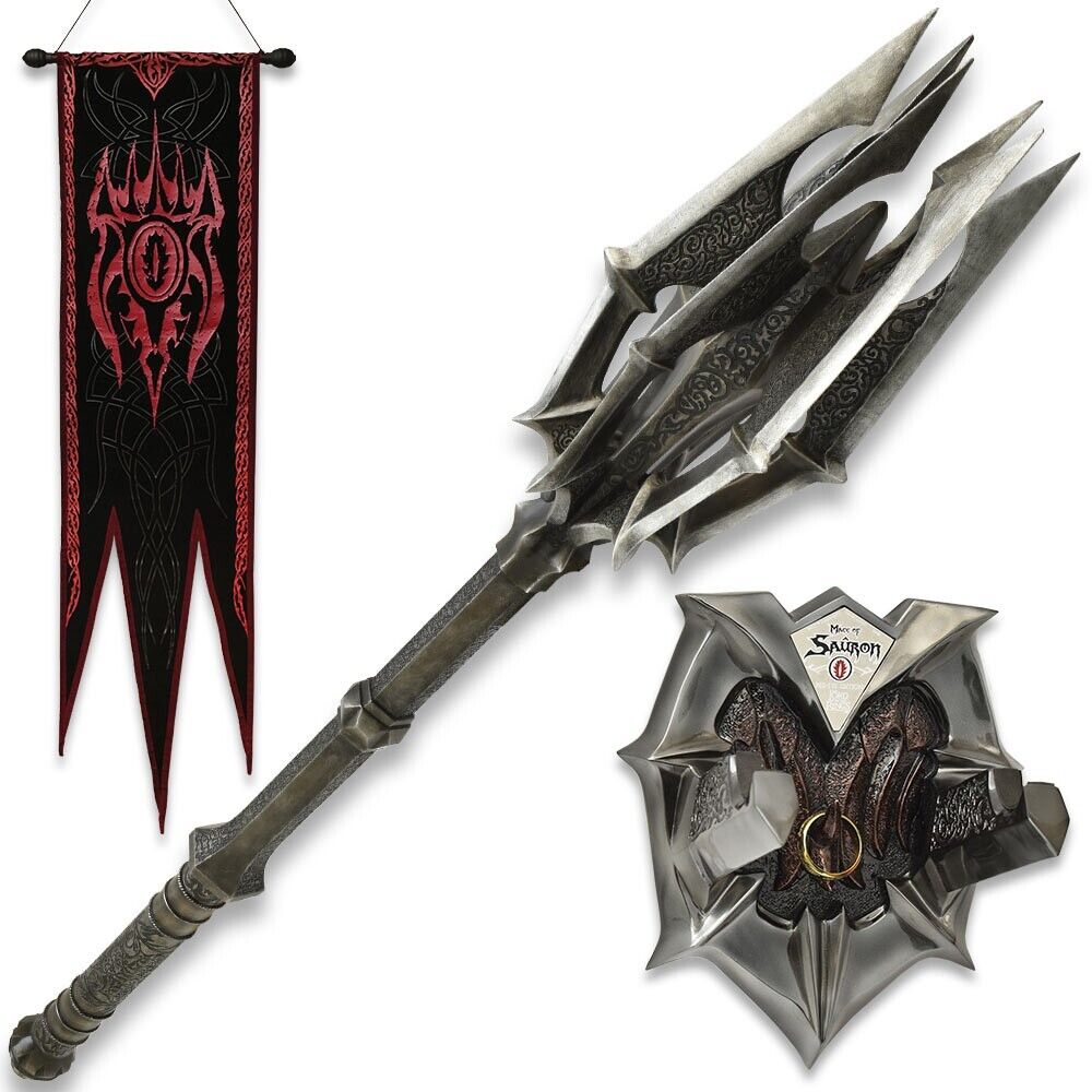 Officially Licensed Lord of the Rings Mace of Sauron & Ring with Red Eye Banner