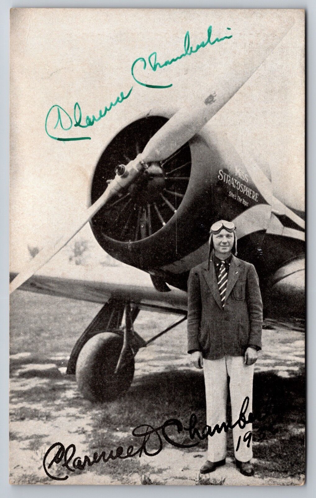 Clarence Chamberlin Aviator Miss Stratosphere Plane Signed c1930s Postcard