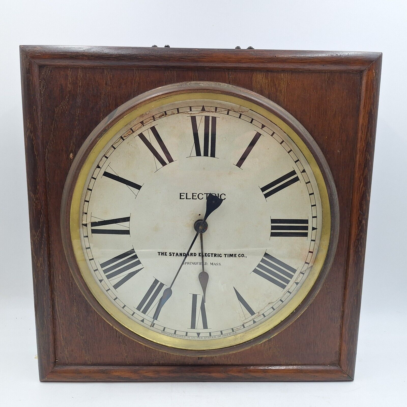 STANDARD ELECTRIC TIME INDUSTRIAL SQUARE WOODEN GALLERY CLOCK WITH GLASS