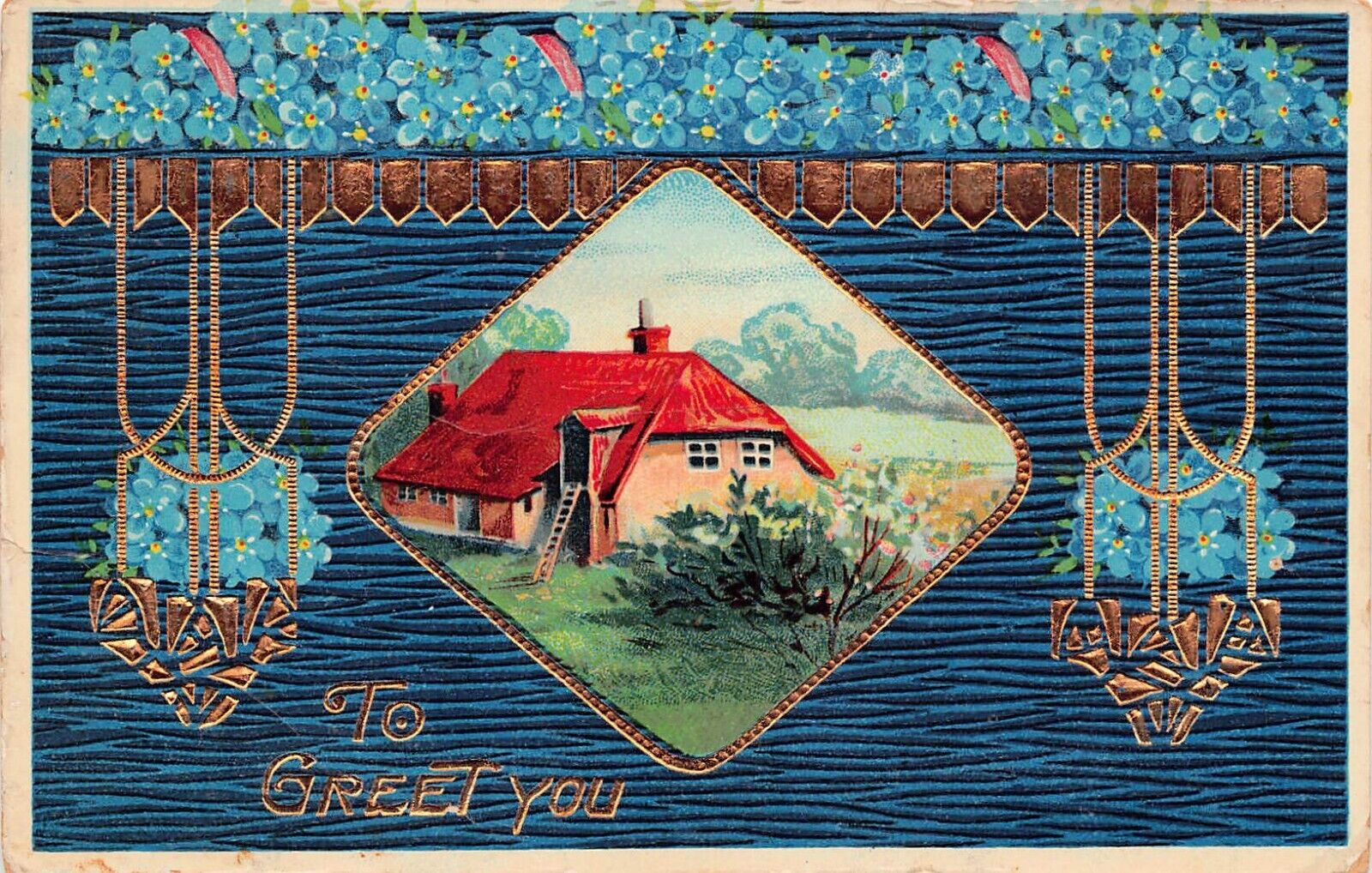 Antique Birthday Card Gel Blue Old Cottage Gold Frame Art Deco Vtg Postcard A52