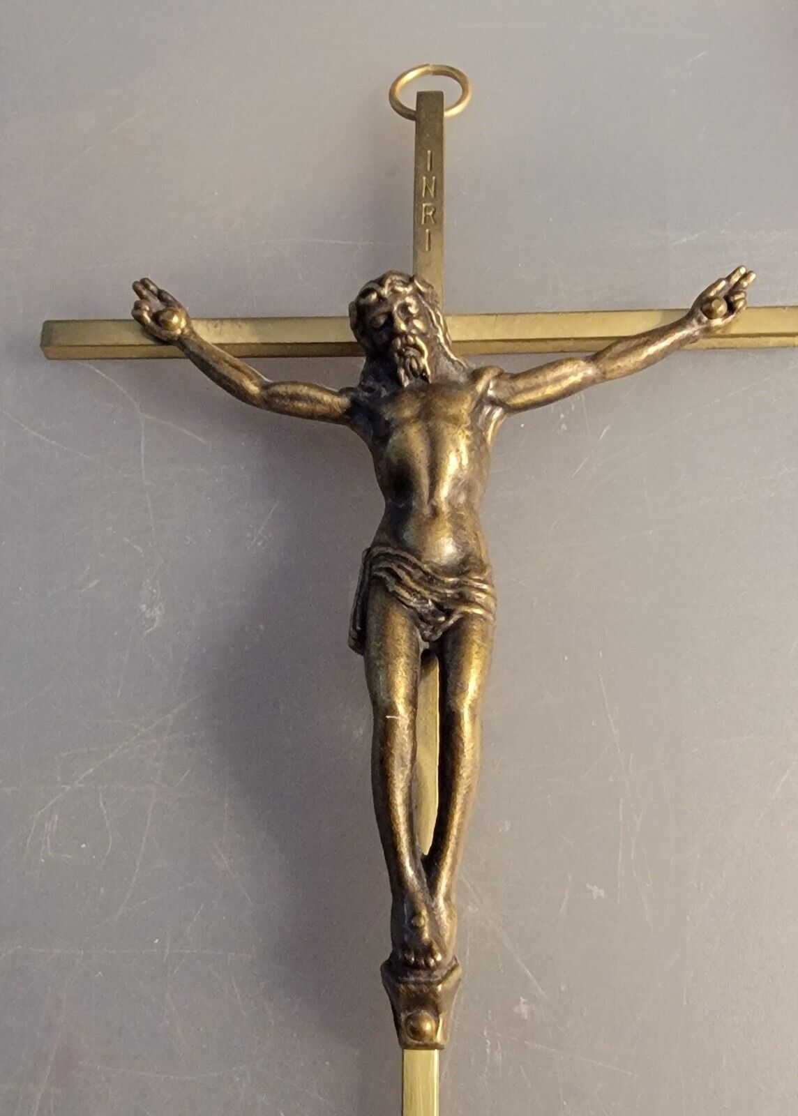 Vintage INRI Crucifix Jesus Christ on the Cross 10” Metal Wall Cross Gold Color