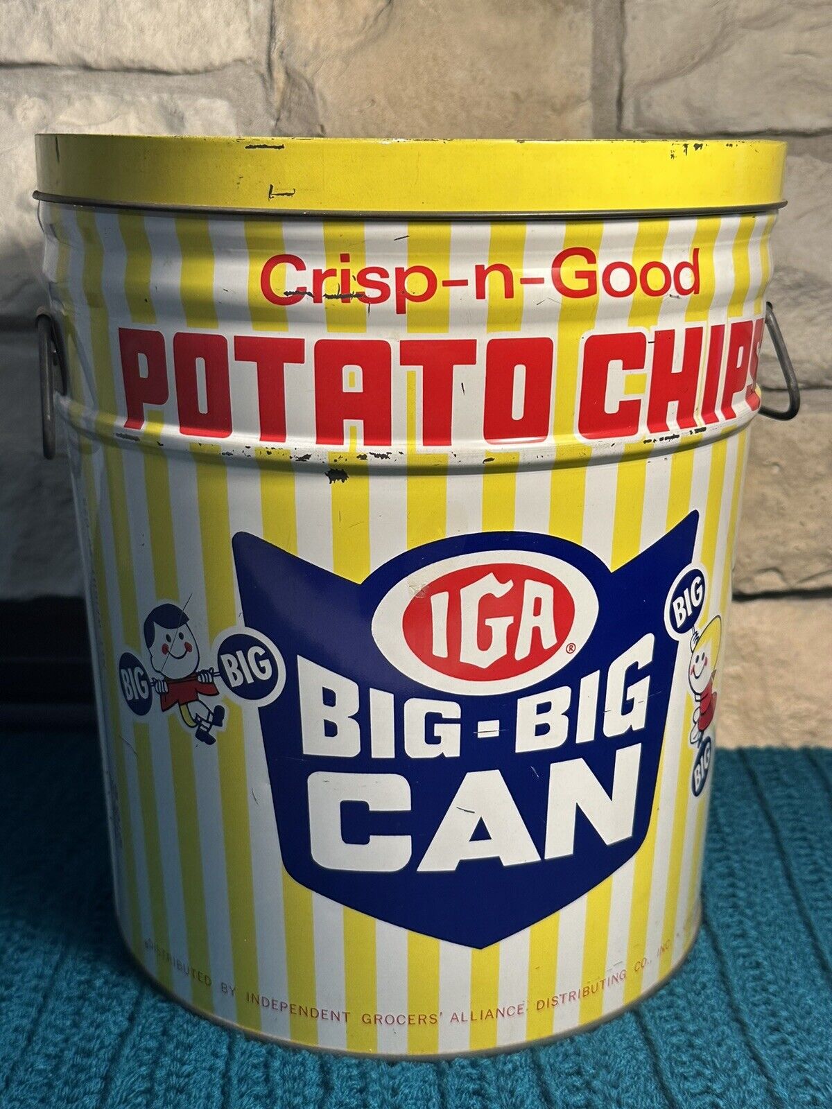 Vintage Large IGA BIG-BIG CAN Potato Chips Tin Canister w/ Handles & Lid