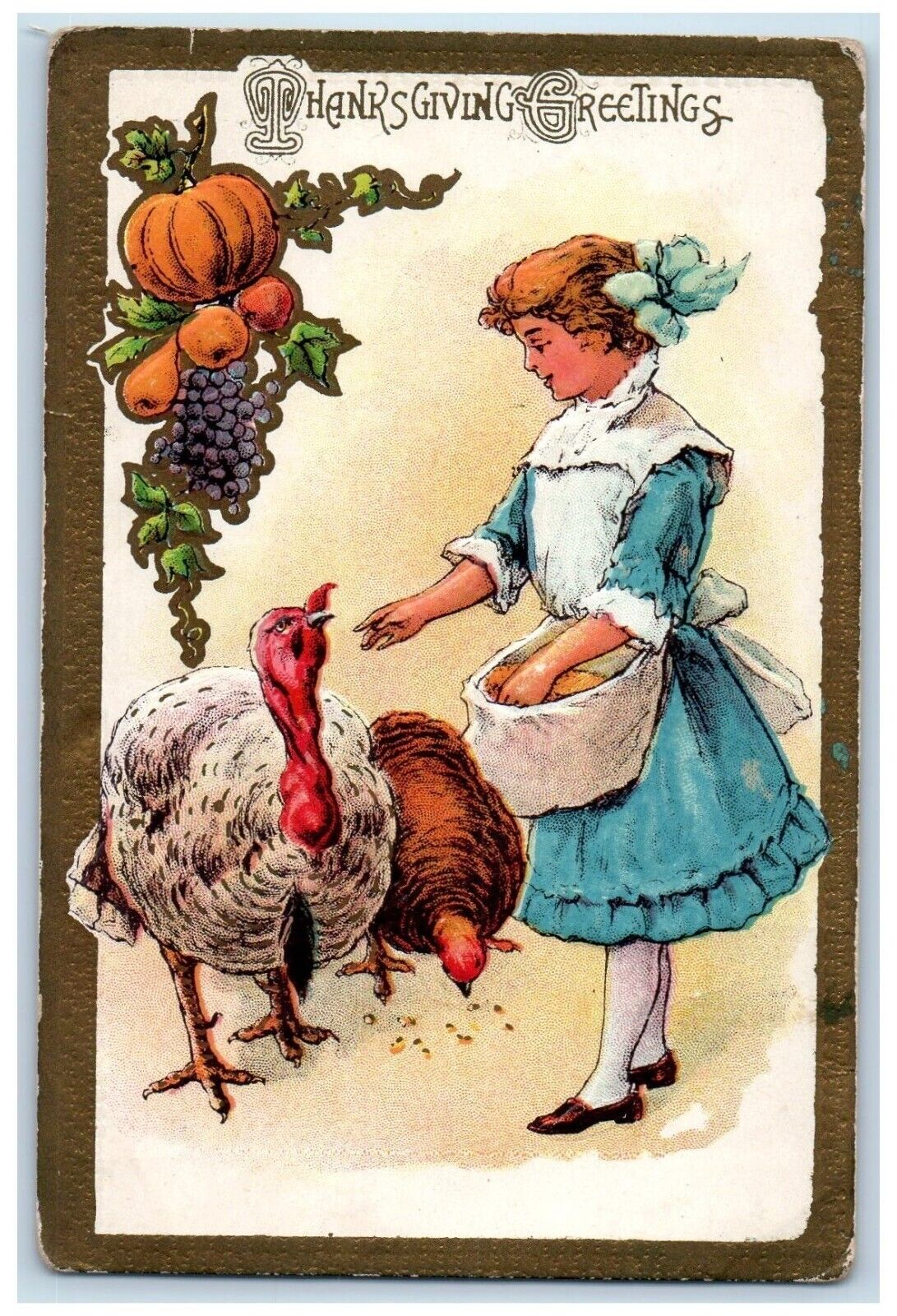 c1910's Thanksgiving Greetings Girl Feeding Turkey Fruits Embossed Postcard