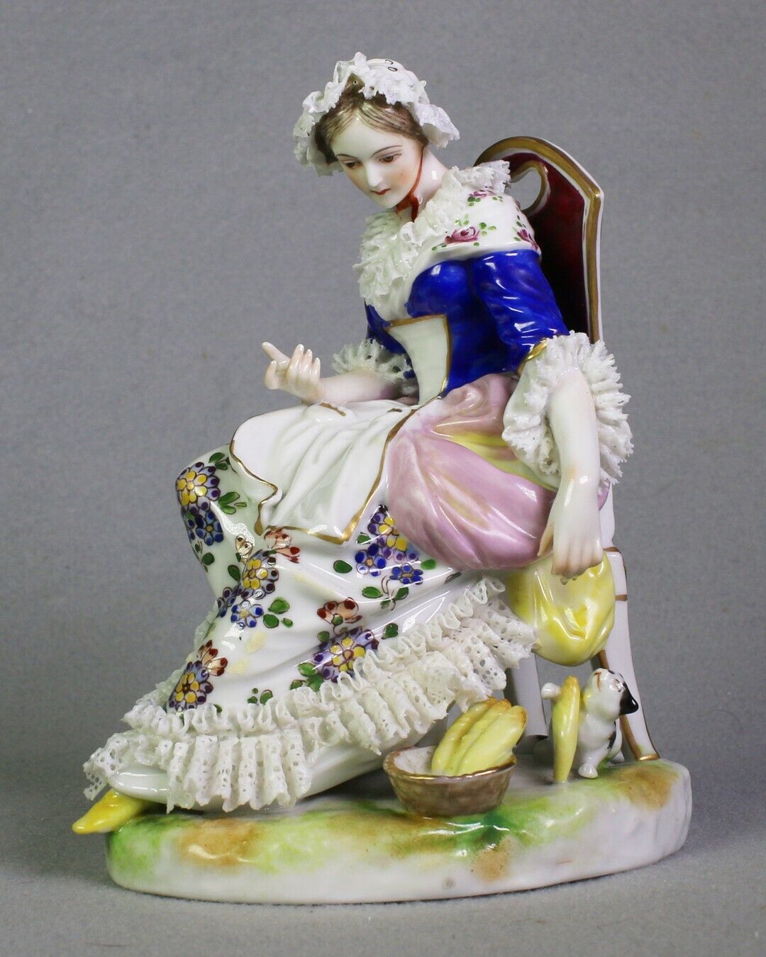 Antique Ludwigsburg Porcelain Seated Woman with Lace Bonnet, Dress & Playful Cat