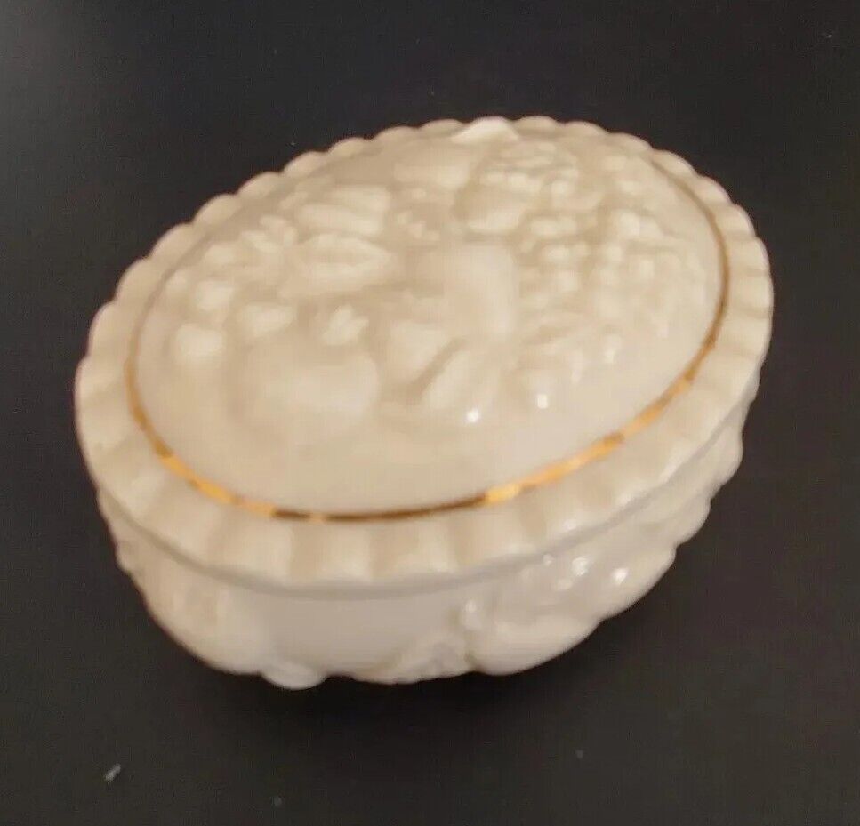 Lenox Porcelain FRUITS OF LIFE 1998 Oval Trinket Box Ivory Gold Trim Vintage 3