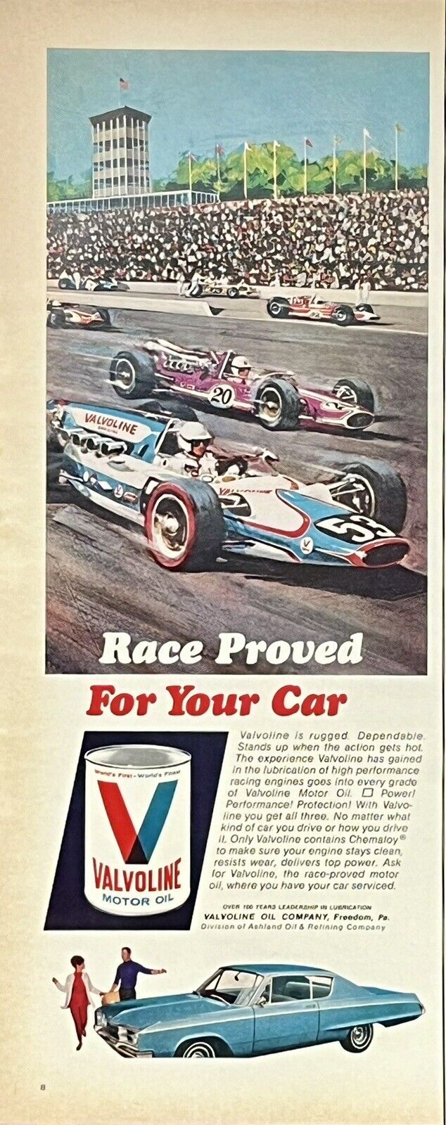 1967 Vtg Print Ad Valvoline Motor Oil Open Wheel Racing Cars Retro Auto Garage