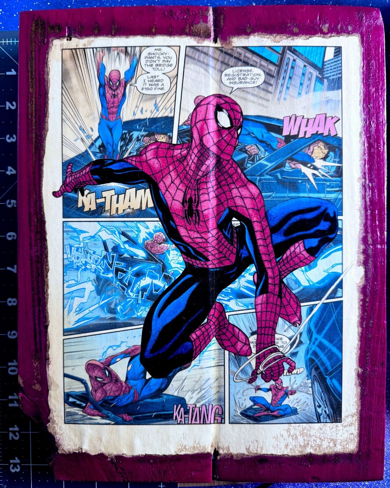 Handcrafted Unique Spider-Man Art 10x13 Repurposed Wood Comic