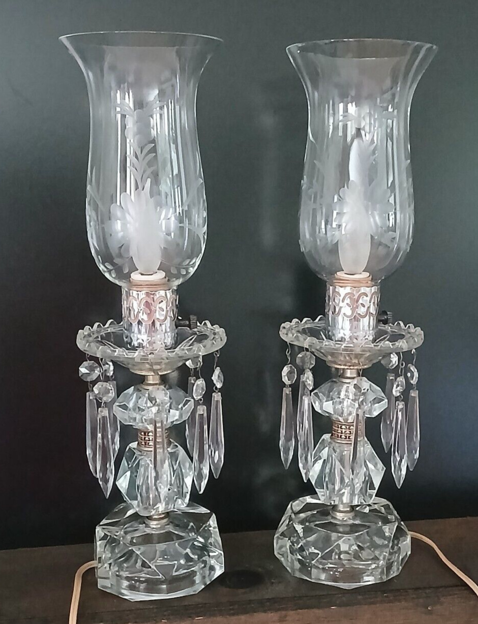Vintage Hollywood Regency Set of 2 Hurricane Eletric Crystal Lamps 17.5 Tall