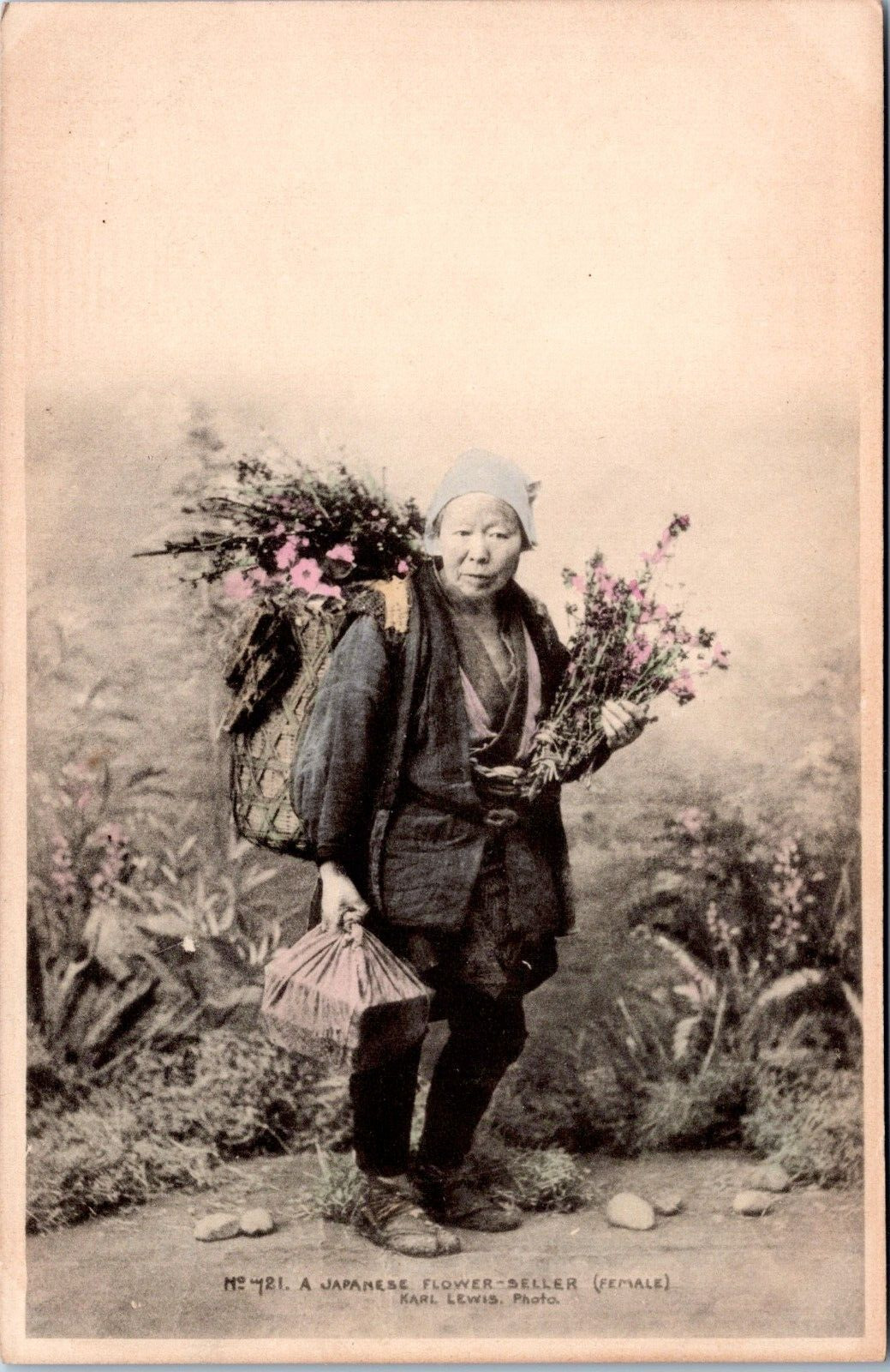 RPPC Japanese  Peasant Flower Seller, Japan - Photo Postcard - Hand tinted