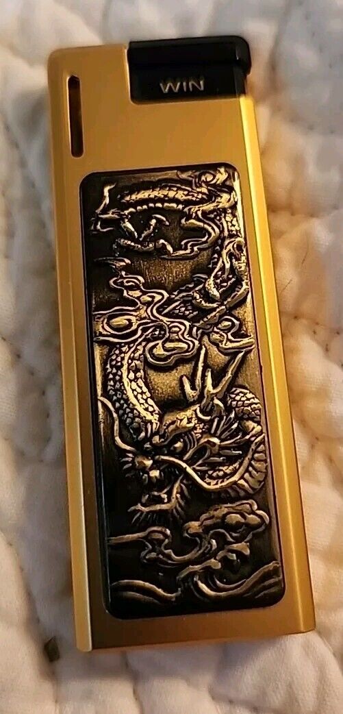 Vintage WIN  Gold Tone Cigarette Butane Lighter Asian Theme #5100