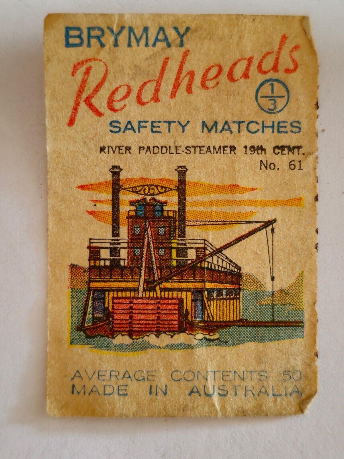 BRYMAY Redheads Matchbox Label RIVER PADDLE-STEAMER 19TH CENT. # 61 (ML29)