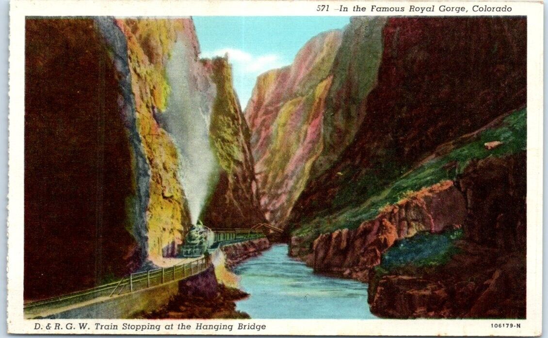 Postcard - D. & R.G.W Train, Hanging Bridge, In the Royal Gorge, Colorado, USA