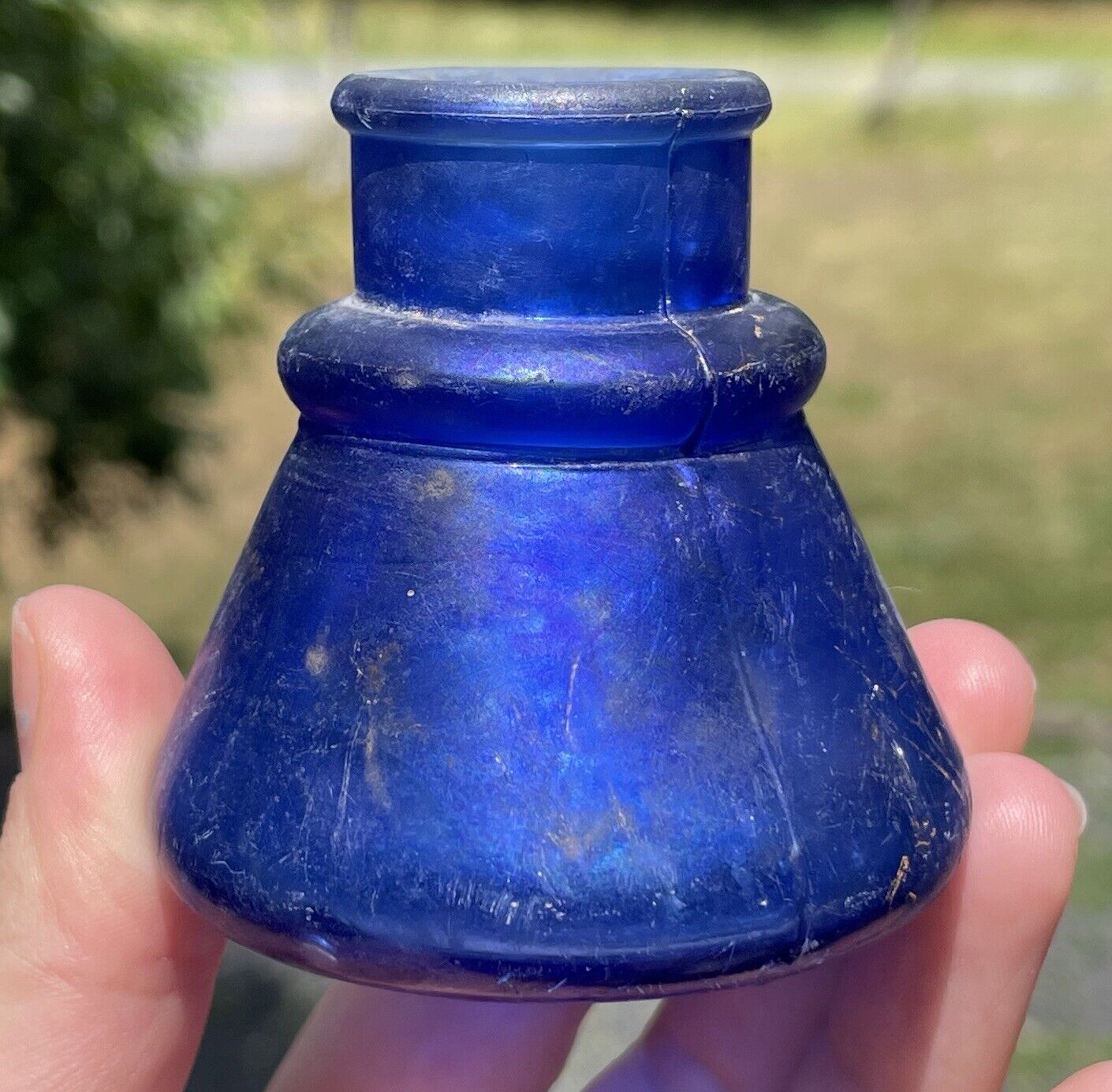 RARE Antique Cobalt Glass Cone 19th C. Inkwell Ink Well Bottle Jar Writing Desk
