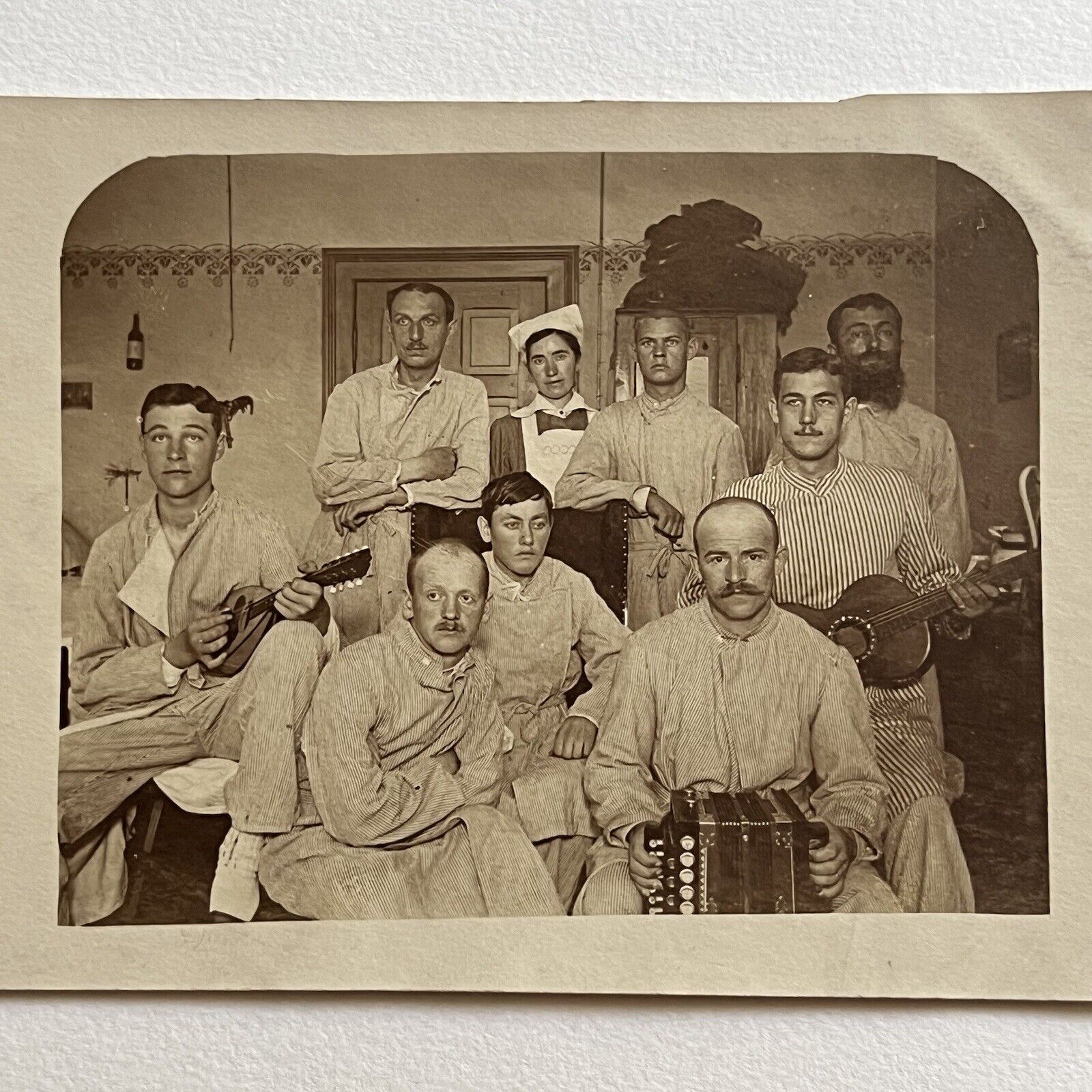 Antique RPPC Group Photograph Postcard Hospital Mental Ward Playing Music Guitar
