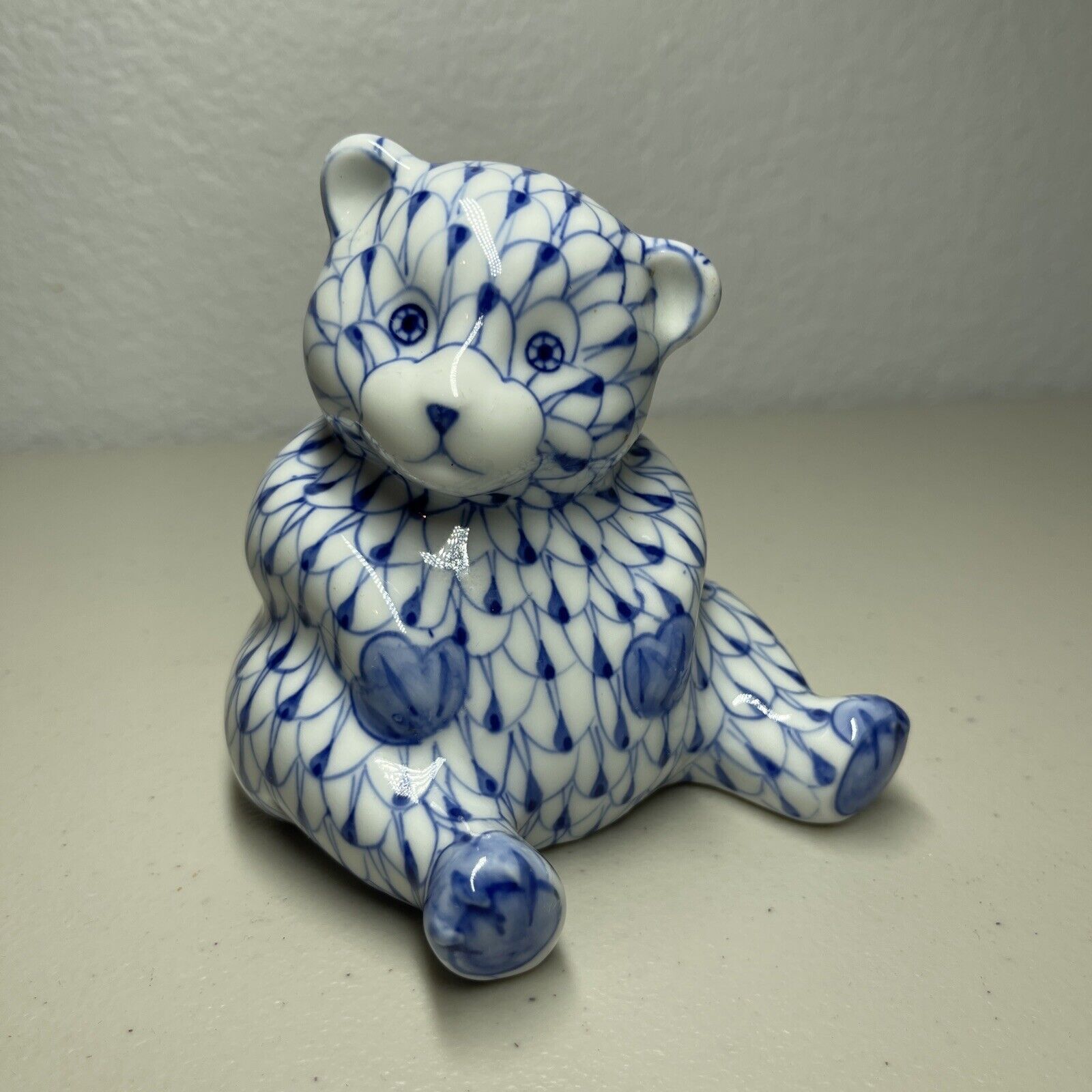 Vtg Andrea by Sadek Chubby Bear Figurine Blue & White Fishnet Hand Painted 4”