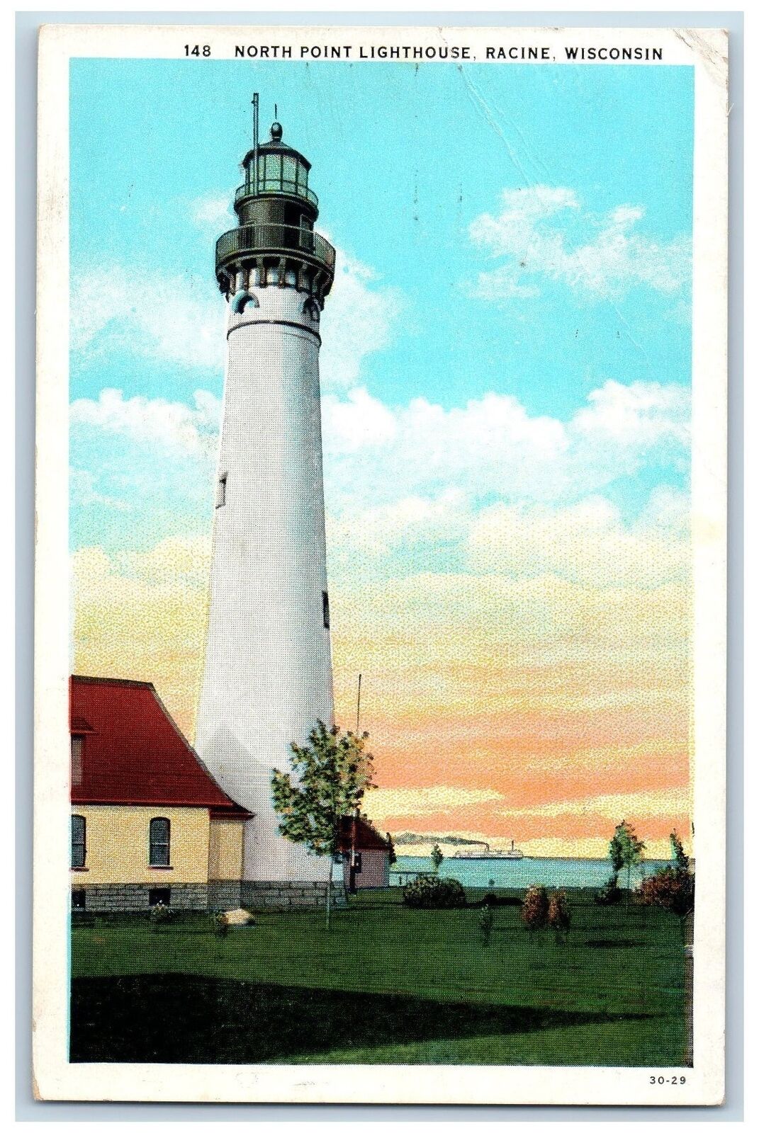 c1920's North Point Lighthouse Concrete Tower Steamer Racine Wisconsin Postcard