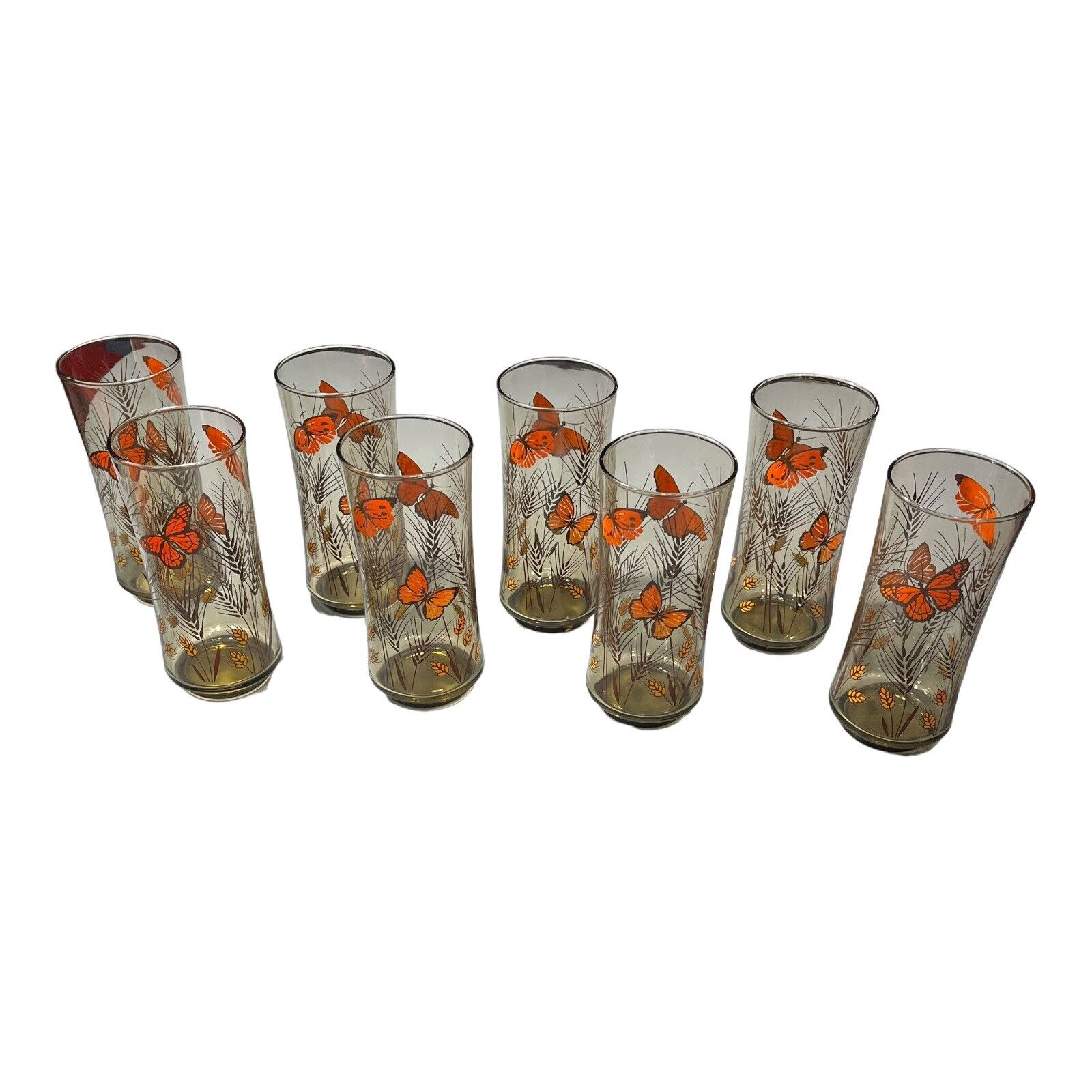 SET OF 8 - Libbey Drinking Glasses Tumbler Smoky Monarch Butterfly Wheat 6 1/2