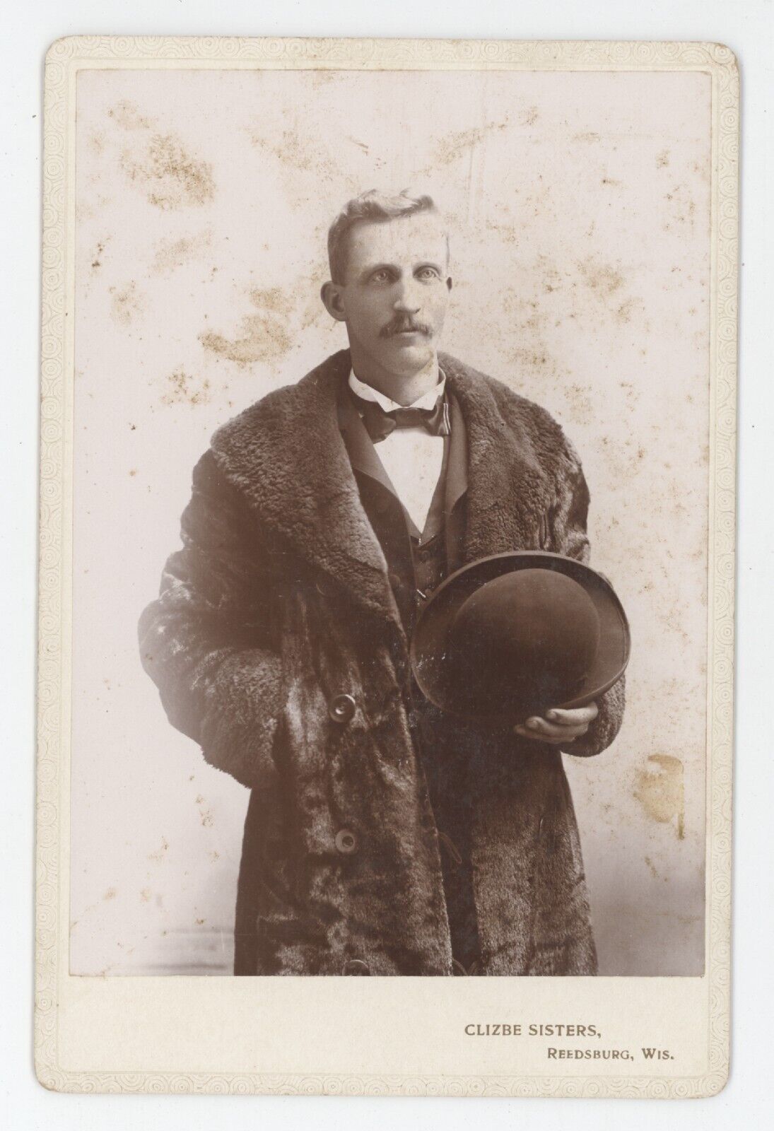 Antique c1880s Cabinet Card Man Fur Coat Mustache Clizbe Sisters Reedsburg, WI