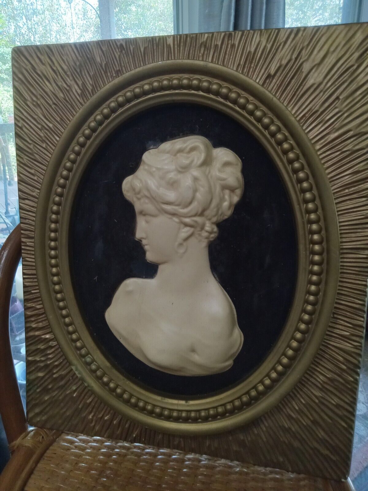 Vintage Raised Relief HOMCO Cameo Plastic  Wall Art White Black Gold Frame 16x20