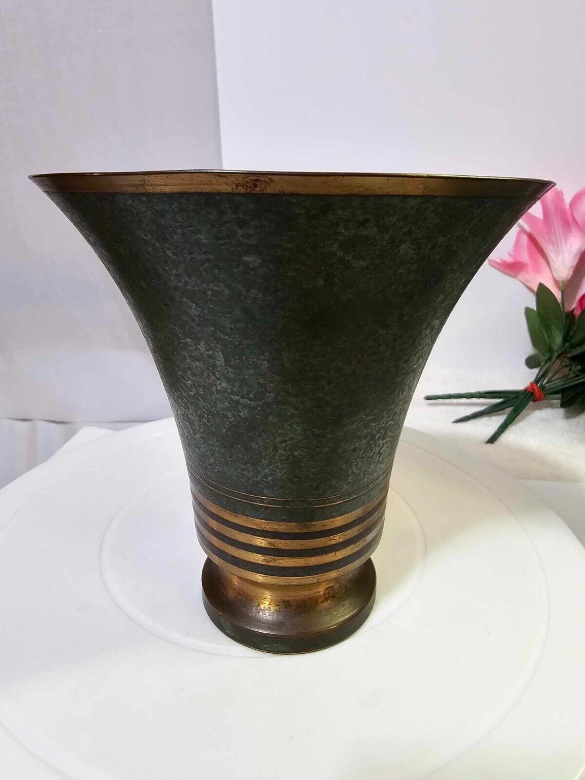 VTg Signed carl sorensen Art Deco vase Patina Verdigris Bronze- READ- A17
