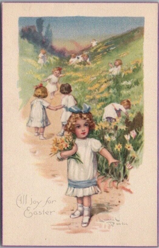 c1910s EASTER Greetings Postcard Girls Picking Daffodil Flowers / Series 115