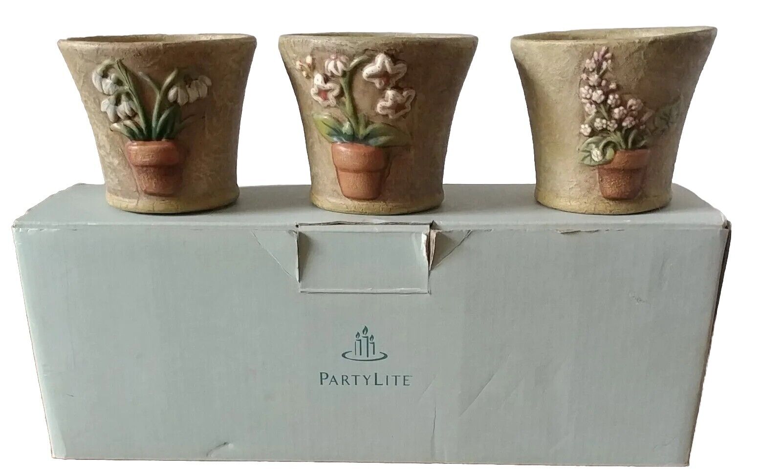NEW PartyLite Terrace Blossom Flower Pot Trio Votive Tealight Candleholder Set 
