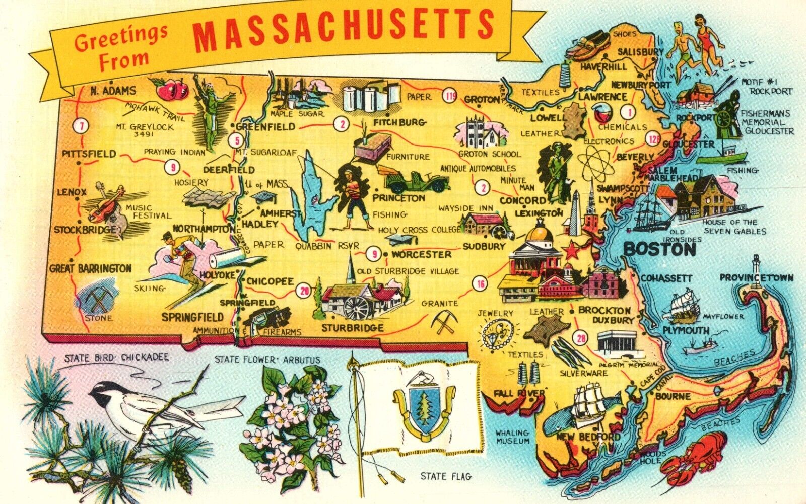 Greetings From Massachusetts State Map Landmarks Points of Interest Postcard