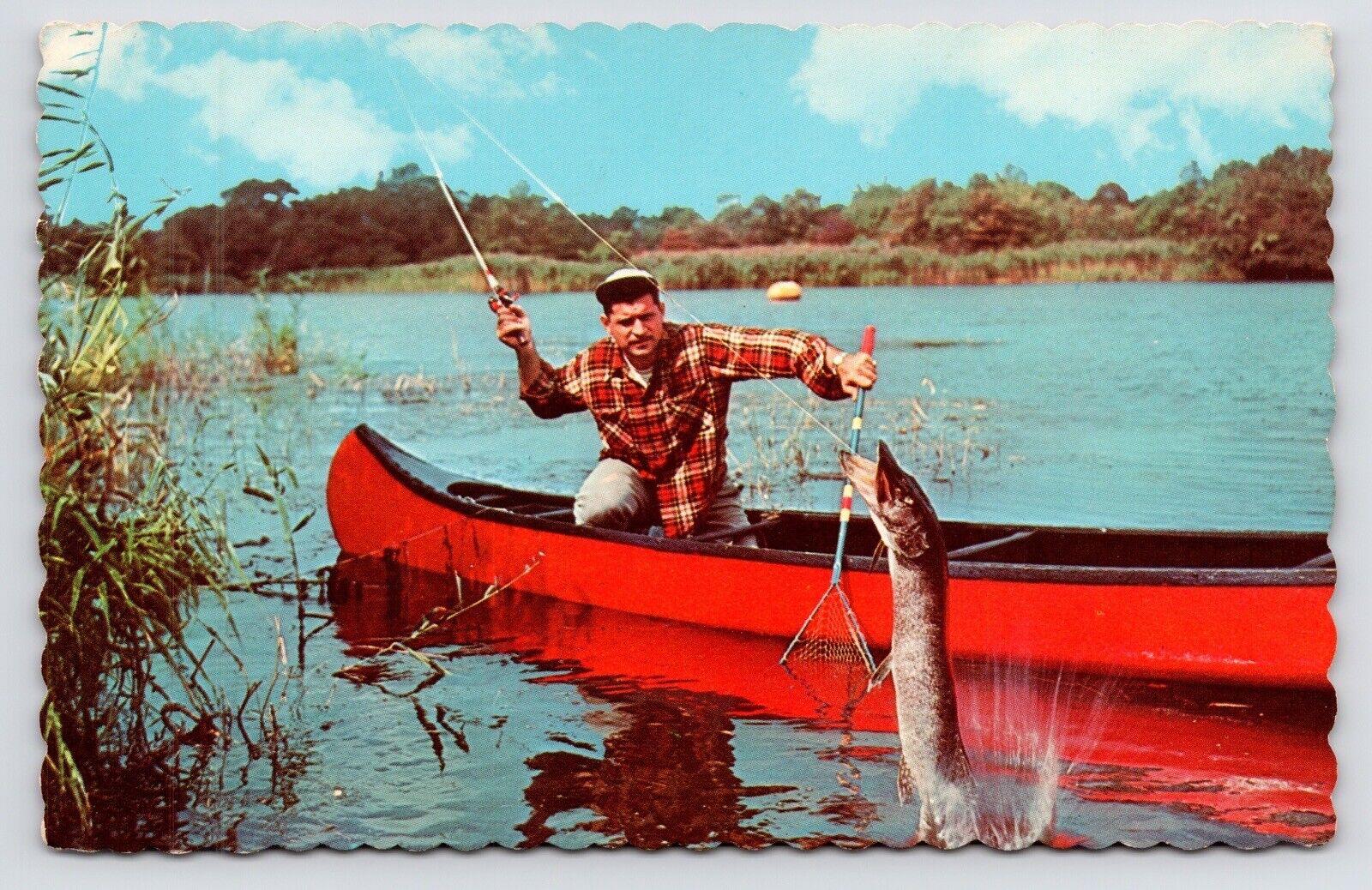 c1950s Exaggerated Fishing Scene Canoe Lake Ontario ON Canada Vintage Postcard