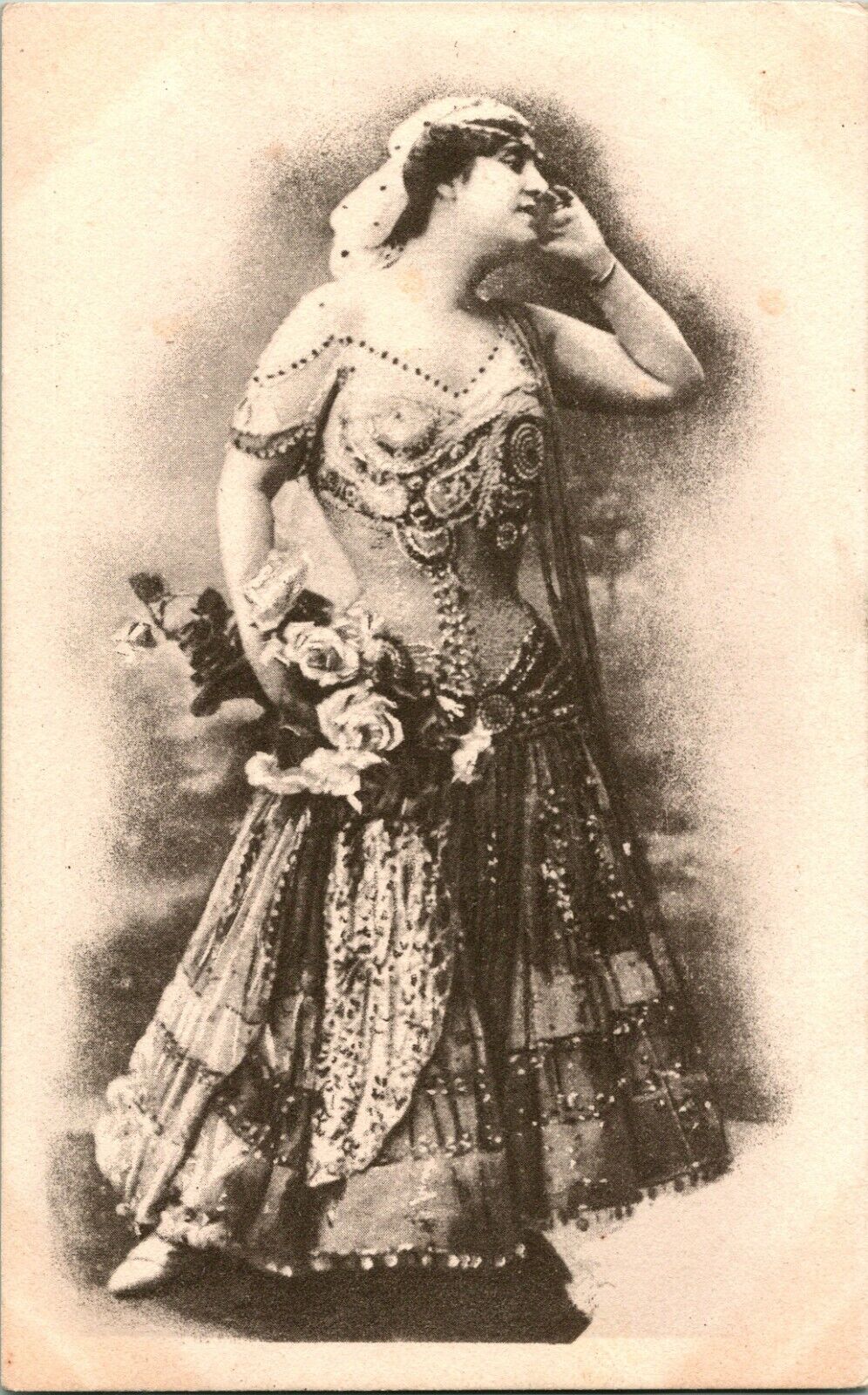 Vtg Postcard c 1910 - Woman (?) In Exoxic Dress and Flower Bouquet