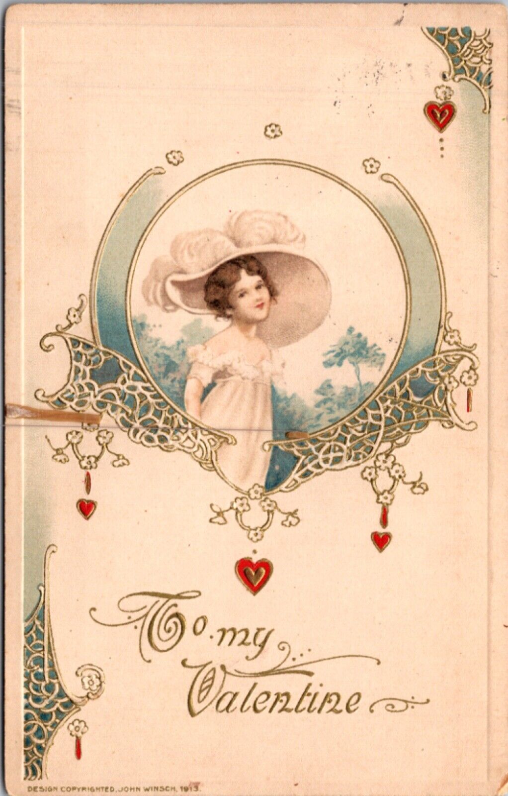 1913 Winsch Valentine Postcard Young Victorian Girl Large Feathered Hat Hearts