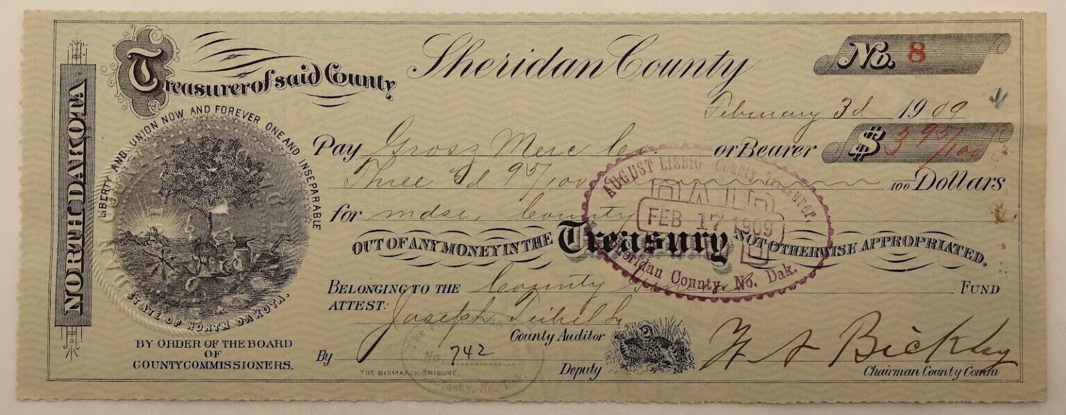 Antique Check, Sheridan County Treasurer, South Dakota, Gross Mercantile 1909