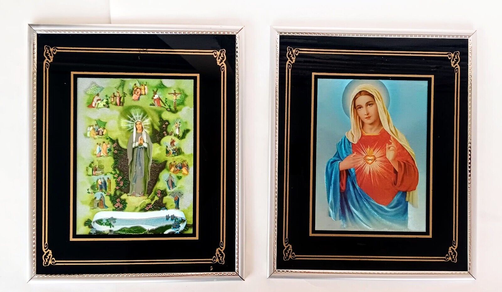 PAIR/2 Vintage Sacred Heart Of Virgin Mary Framed Lithograph PRINTS 12x10