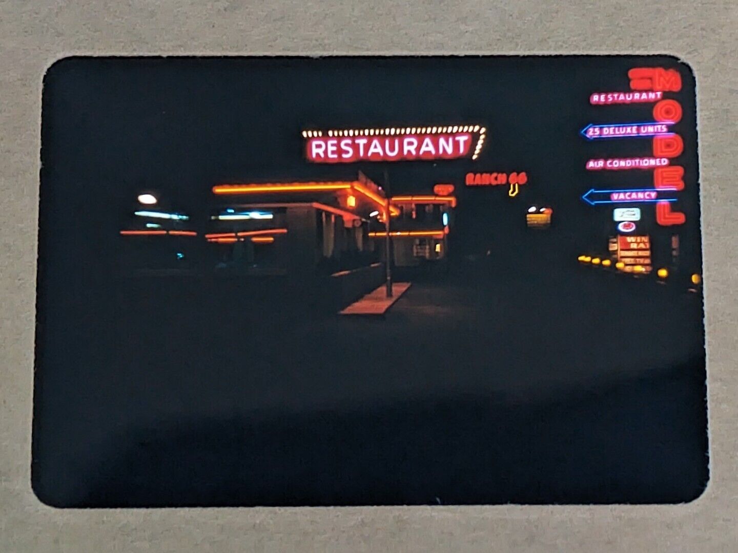 Vintage Kodachrome Slide - Route 66 Night Scene, Model Motel & Ranch 66 Amarillo