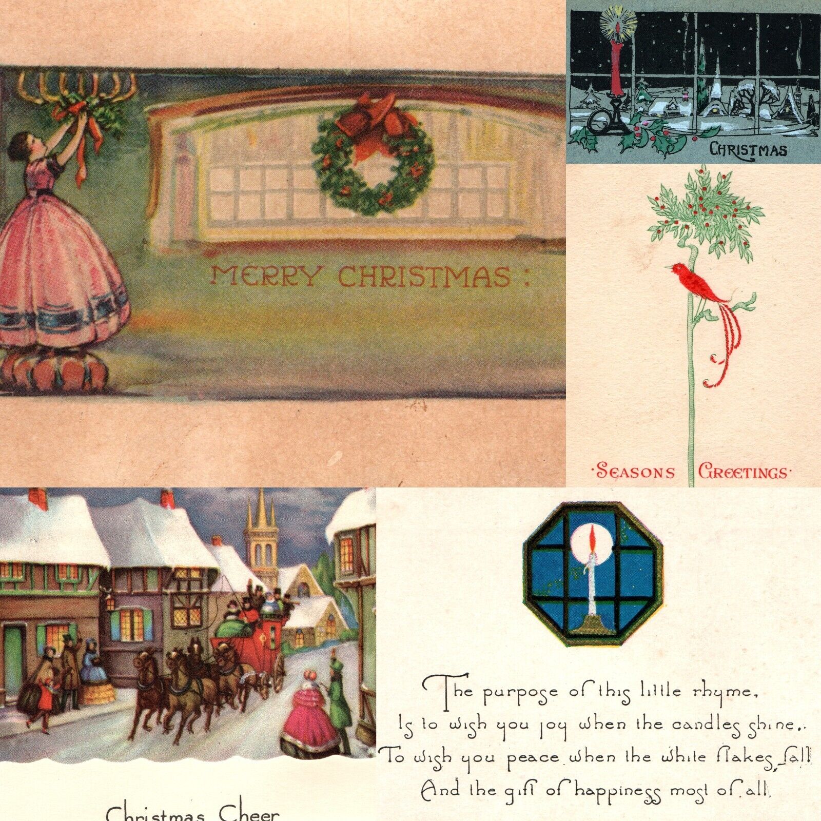 x5 MIXED LOT c1930s Merry Christmas Seasons Greetings Cards XMAS Poetry Fold 5C